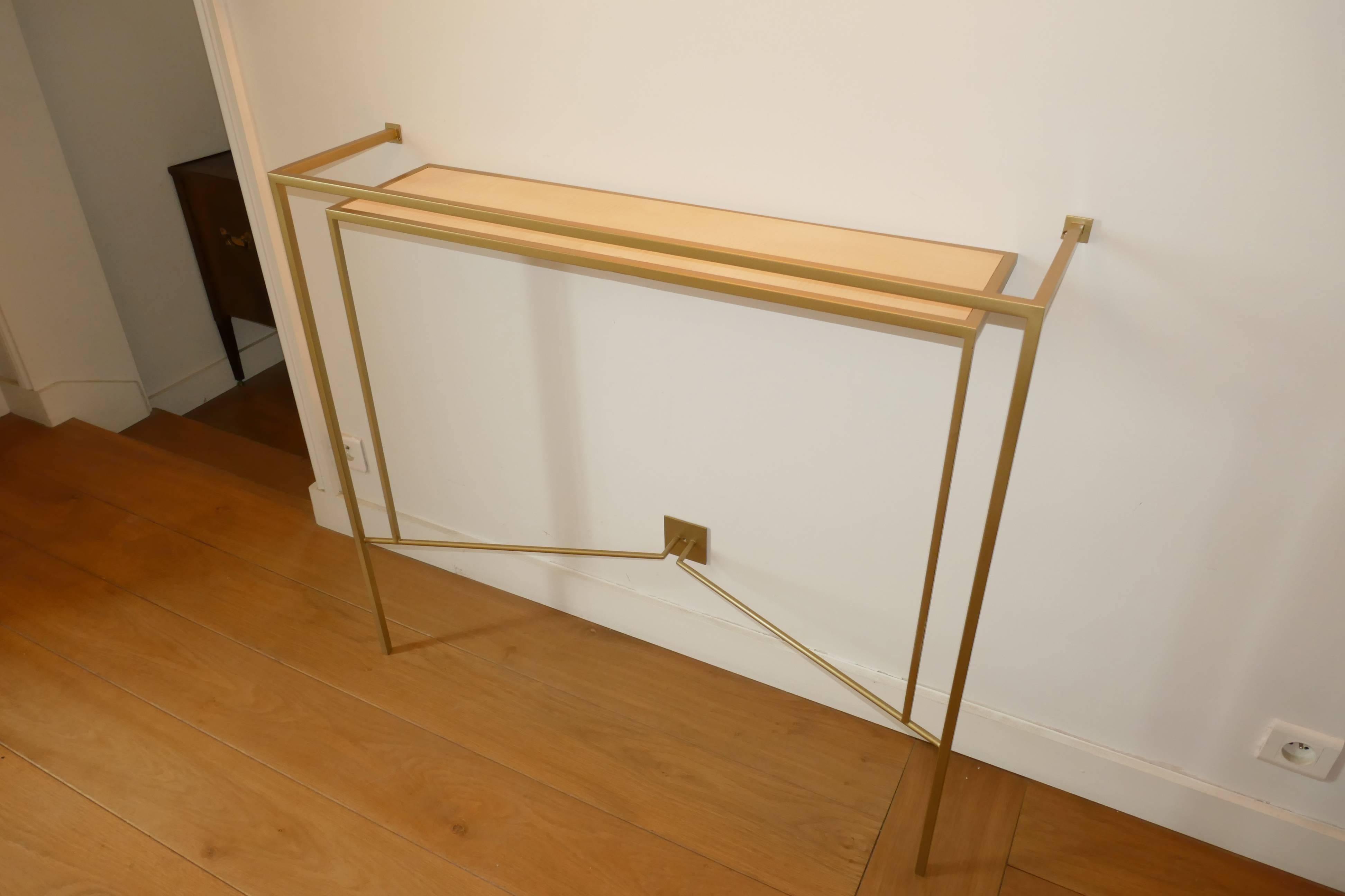 Console in Gold, Bronze Brass Patina with One Sycamore Shelve by Aymeric Lefort For Sale 1