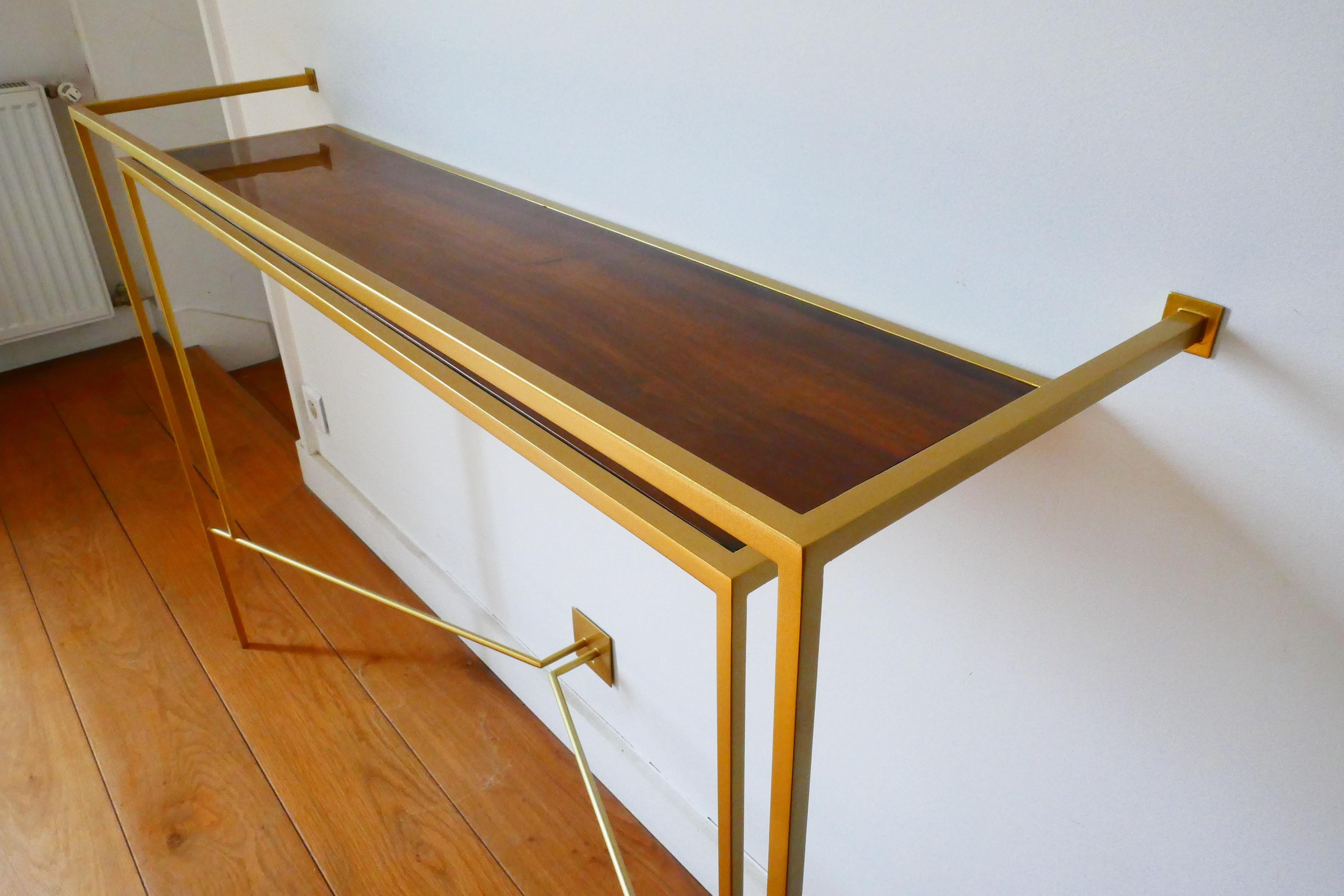 Console in Gold, Bronze Brass Patina with One Walnut Shelve by Aymeric Lefort 2