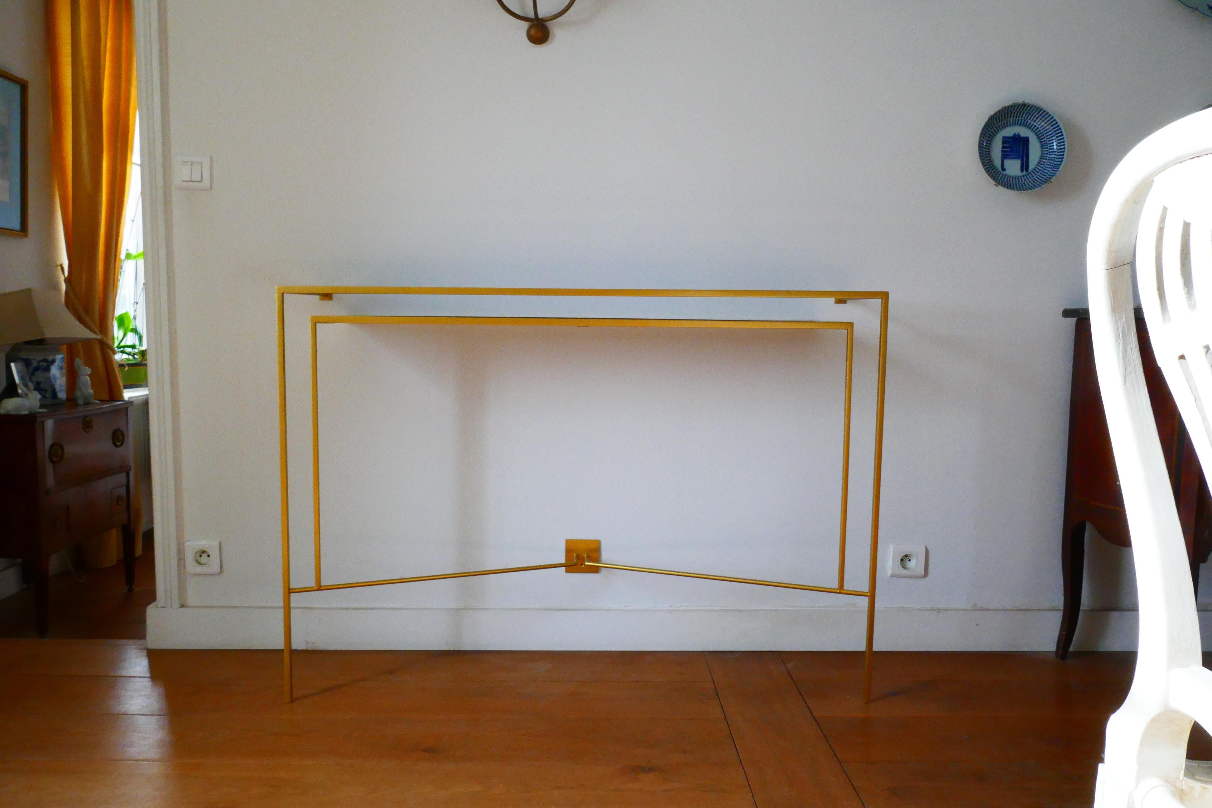 Console in Gold, Bronze Brass Patina with One Walnut Shelve by Aymeric Lefort For Sale 3