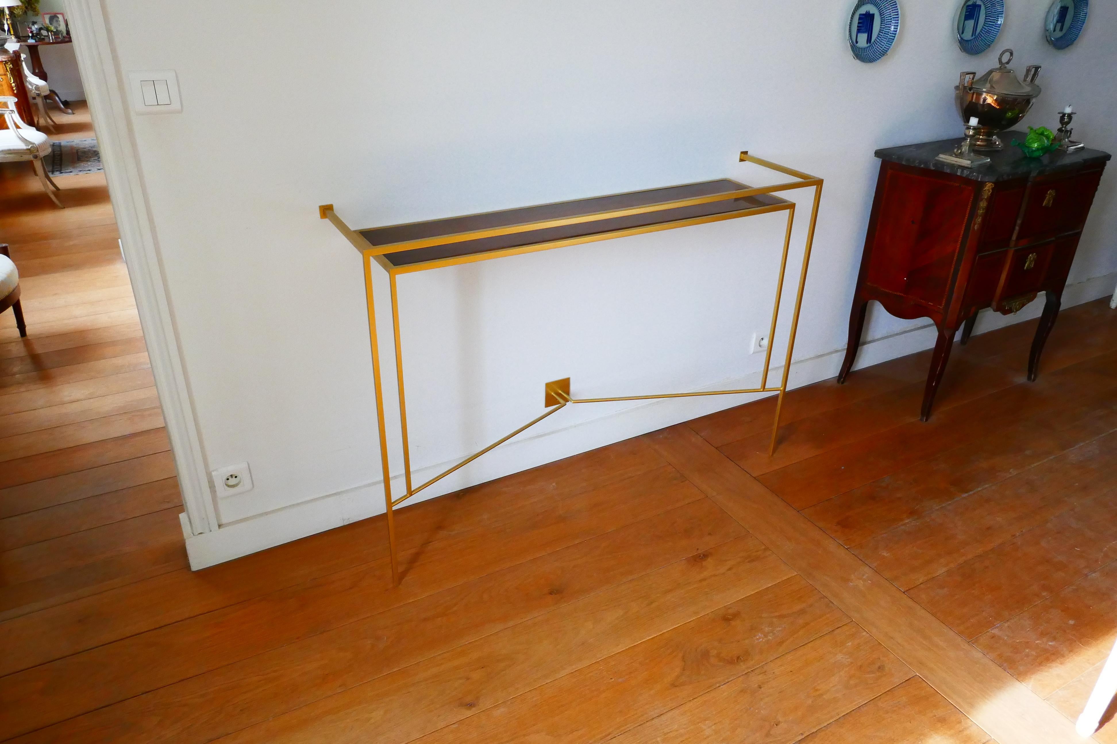 Modern Console in Gold, Bronze Brass Patina with One Walnut Shelve by Aymeric Lefort