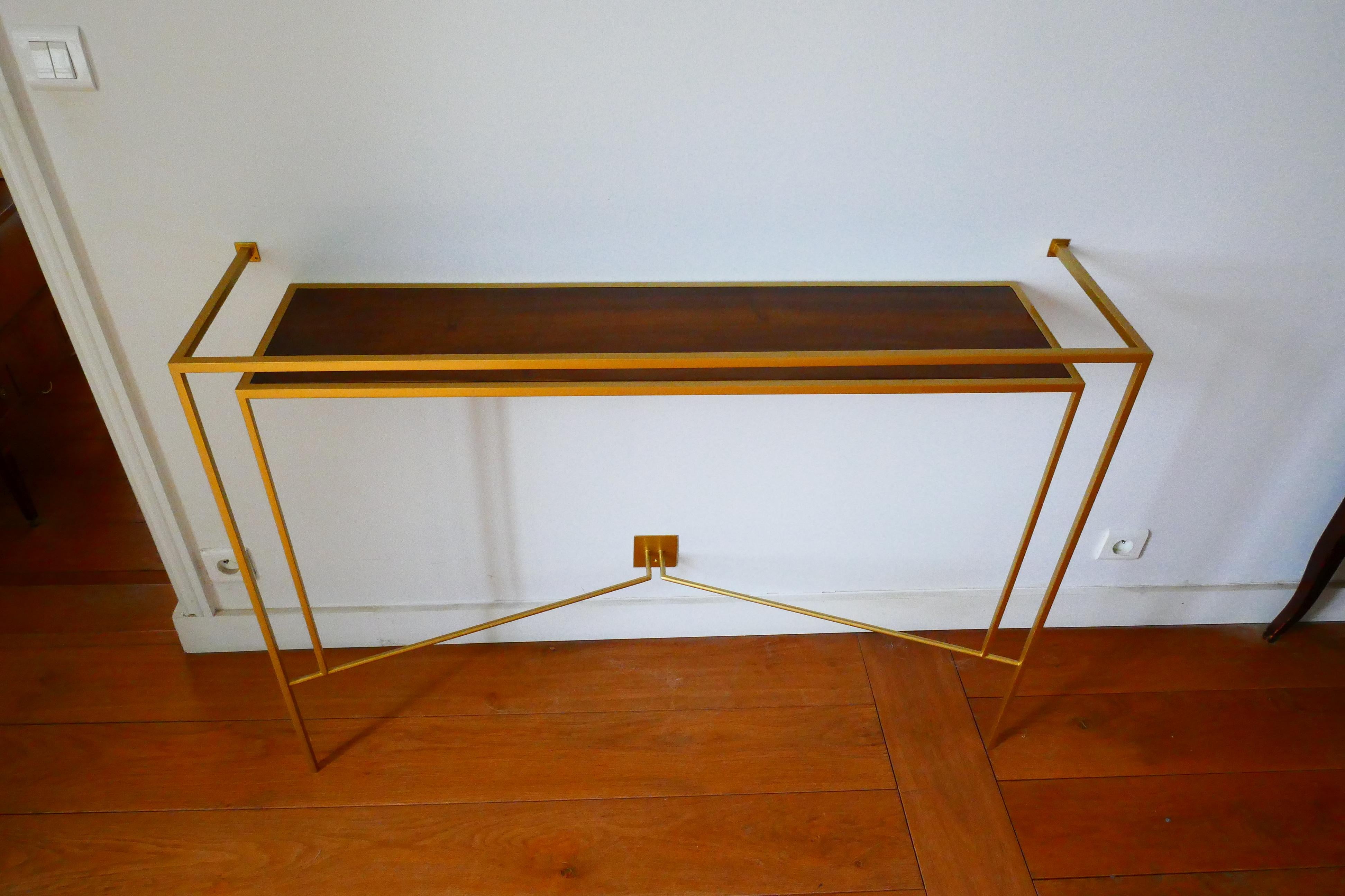 Contemporary Console in Gold, Bronze Brass Patina with One Walnut Shelve by Aymeric Lefort For Sale