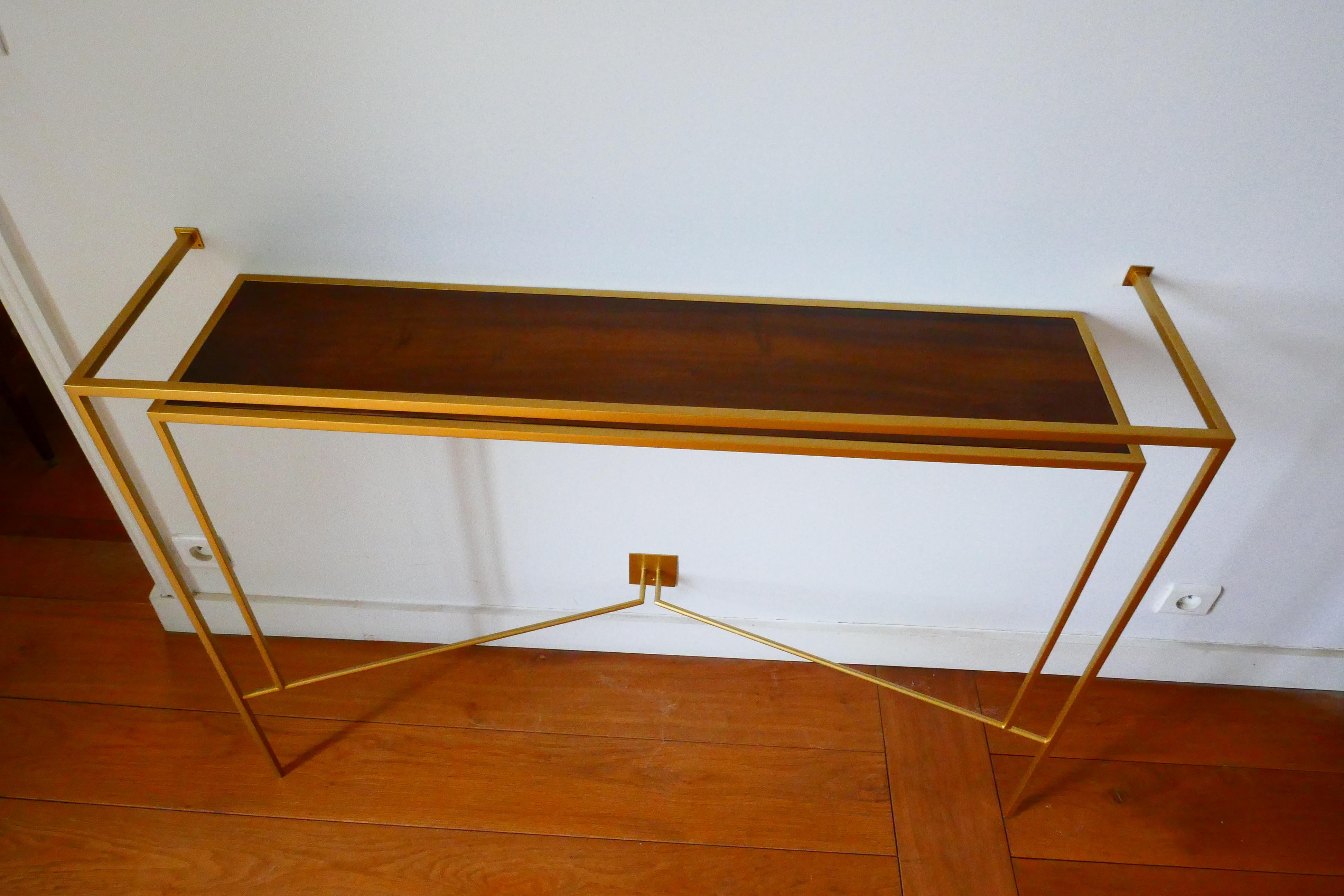 Metal Console in Gold, Bronze Brass Patina with One Walnut Shelve by Aymeric Lefort