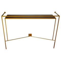Console in Gold, Bronze Brass Patina with One Walnut Shelve by Aymeric Lefort