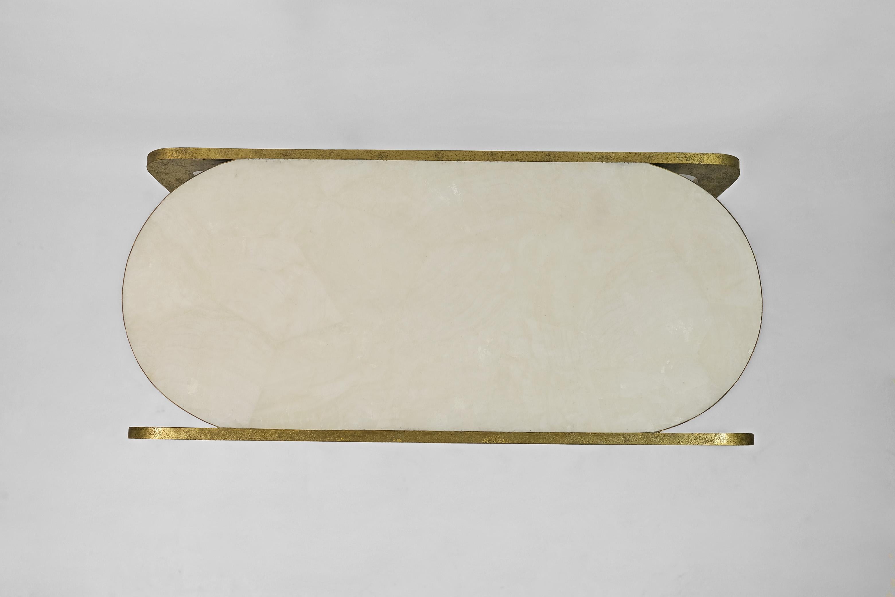 Hand-Crafted Console in Hammered Brass with Rock Crystal Top by Ginger Brown For Sale