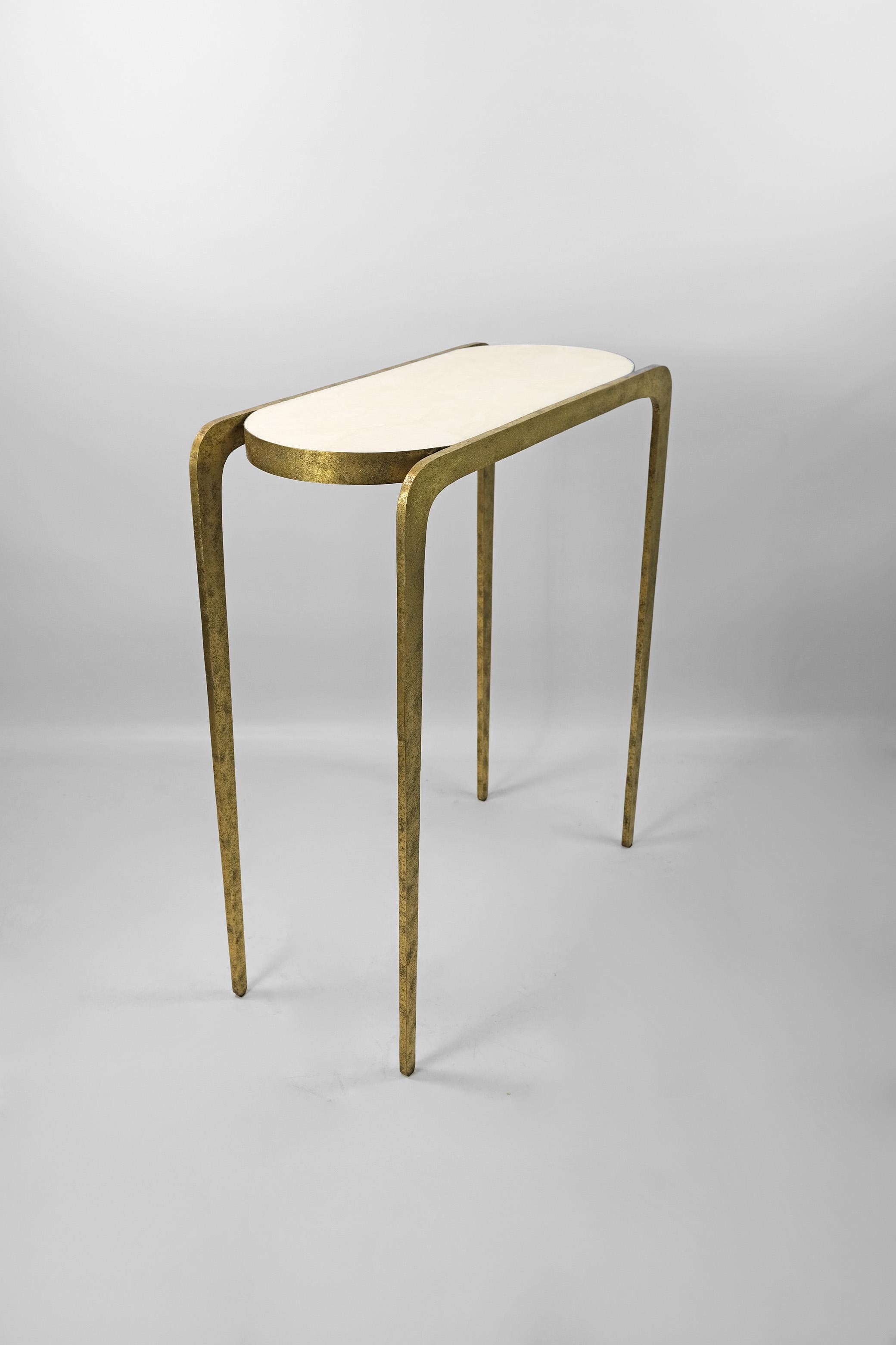 Contemporary Console in Hammered Brass with Rock Crystal Top by Ginger Brown For Sale
