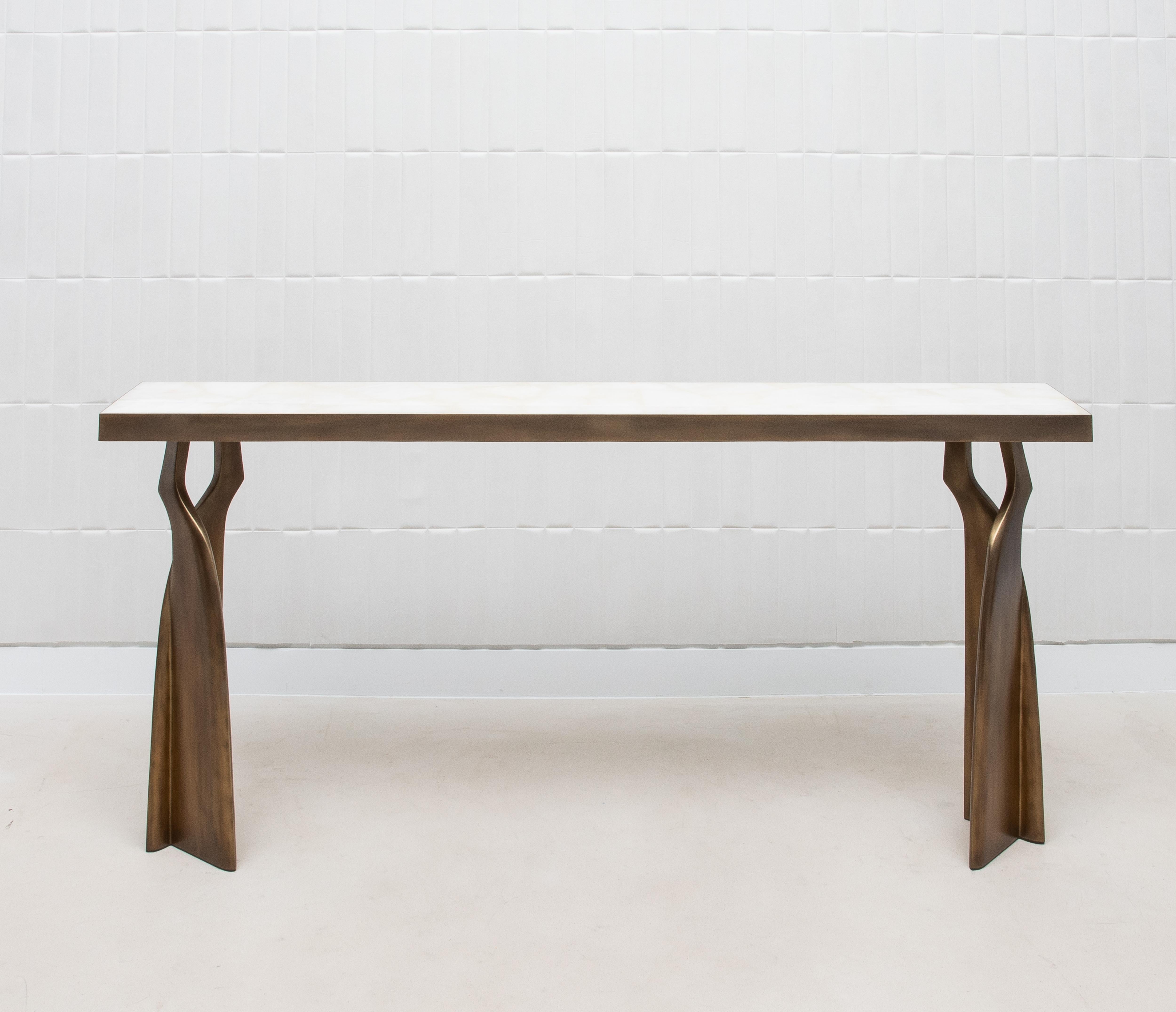 Art Deco Console in White Quartz with Bronze Patina Brass by Kifu Paris