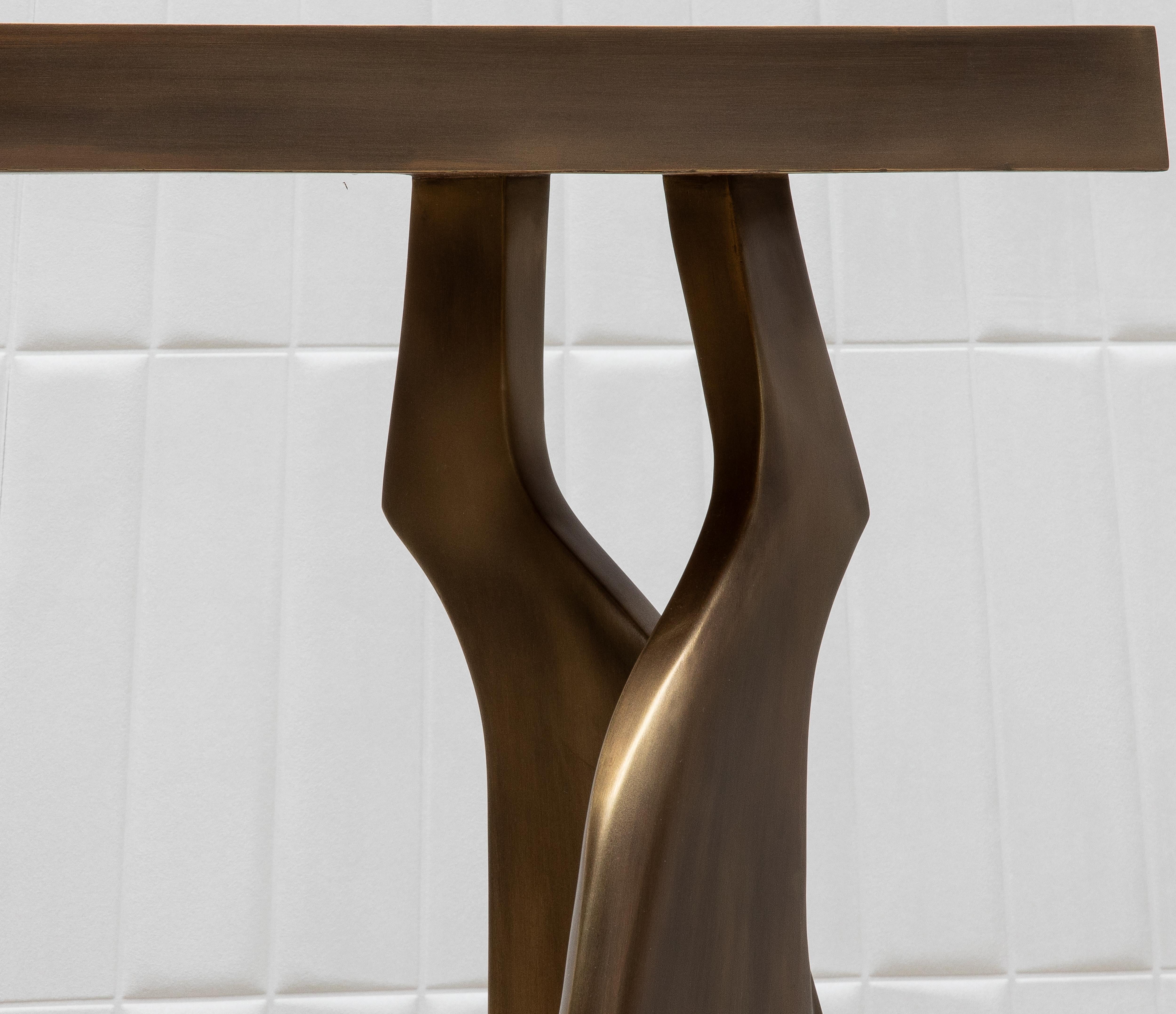 Hand-Crafted Console in White Quartz with Bronze Patina Brass by Kifu Paris