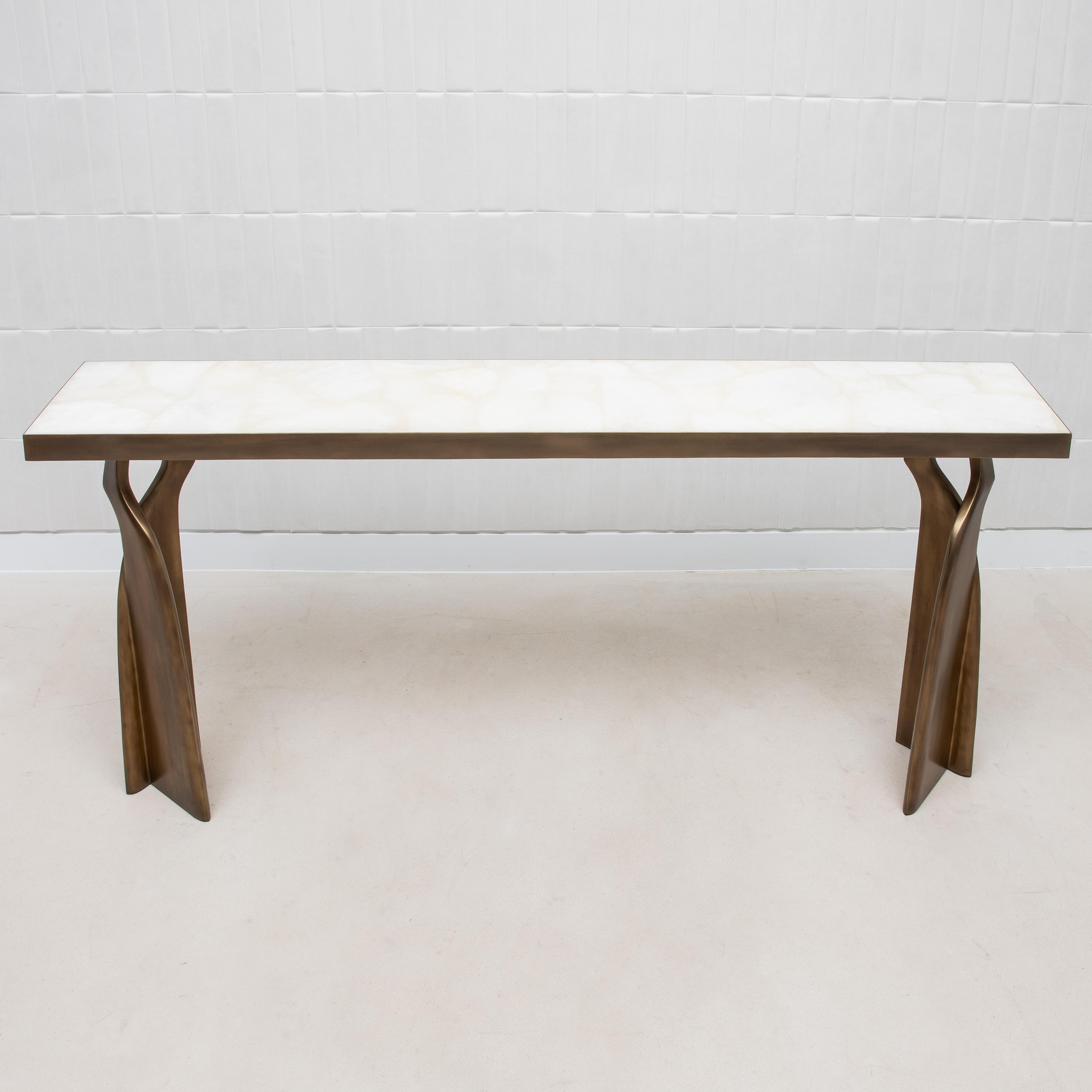 Contemporary Console in White Quartz with Bronze Patina Brass by Kifu Paris