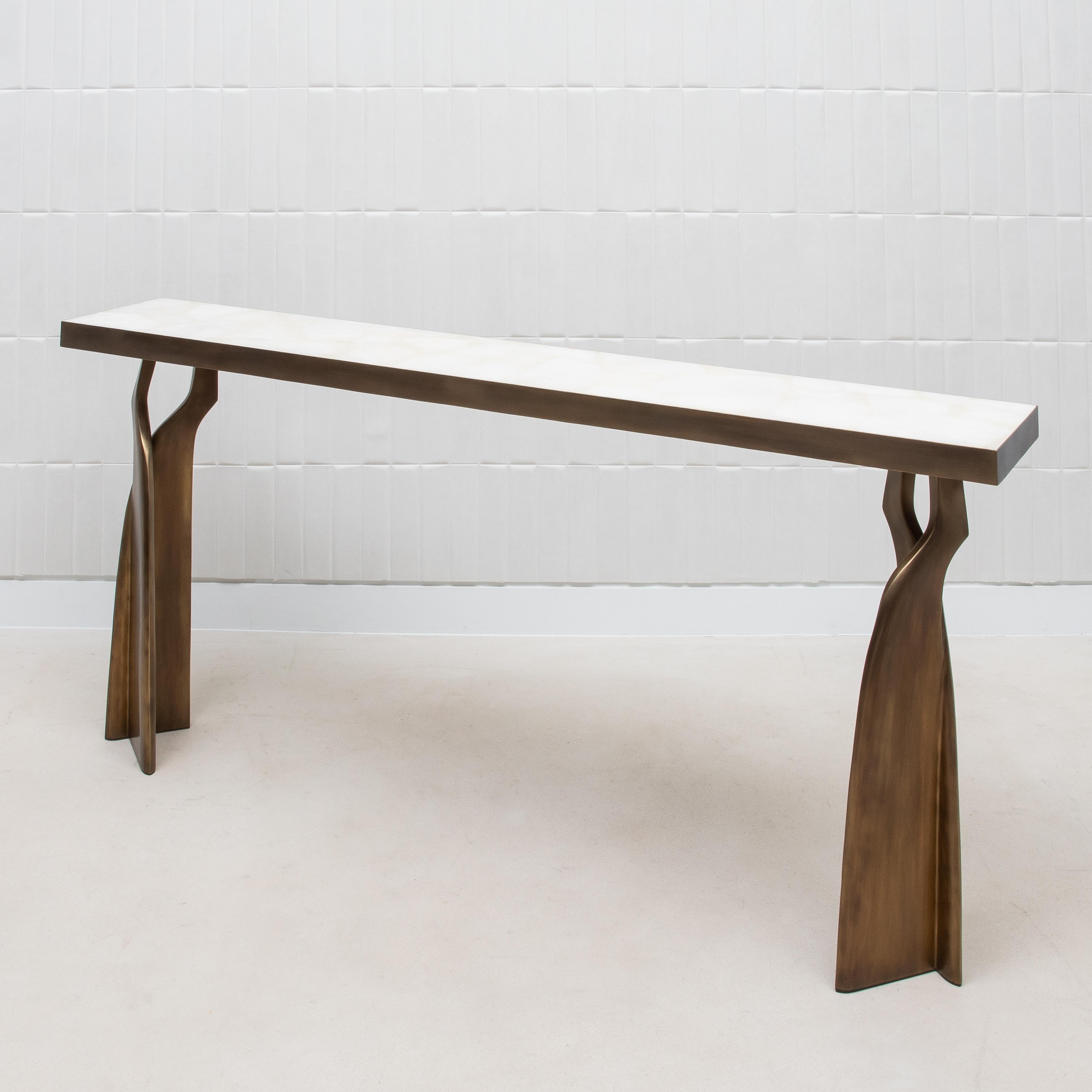 Console in White Quartz with Bronze Patina Brass by Kifu Paris 1
