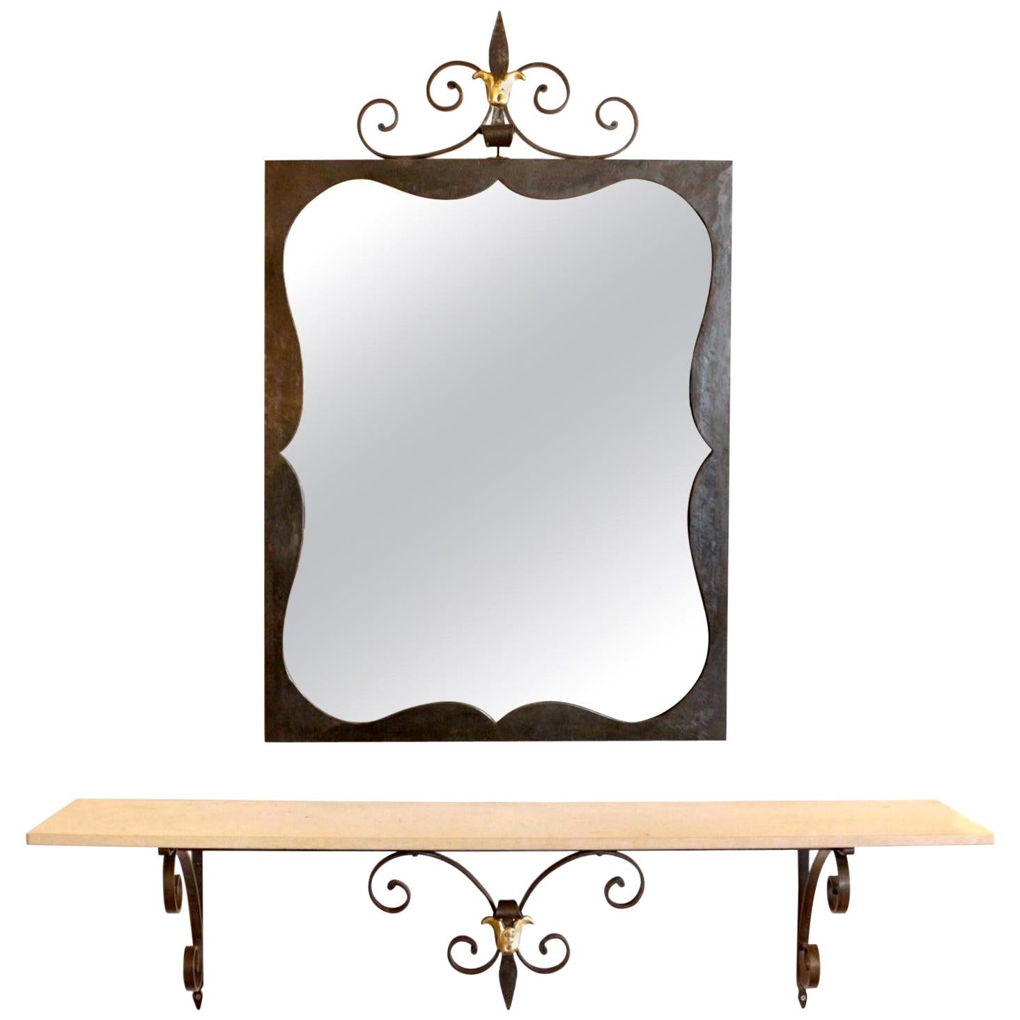 1970 Set console et mirror in black wrought iron and gilded brass Maison Honoré