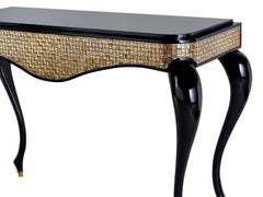 Console Legs Glossy Lacquer Leather Cover Marble Top Caps in Bronze Tiny Mosaic
