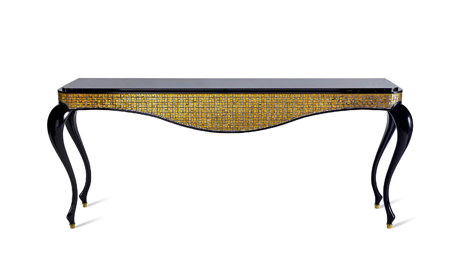 Italian Console Legs Glossy Lacquer Leather Cover Marble Top Caps in Bronze Tiny Mosaic For Sale