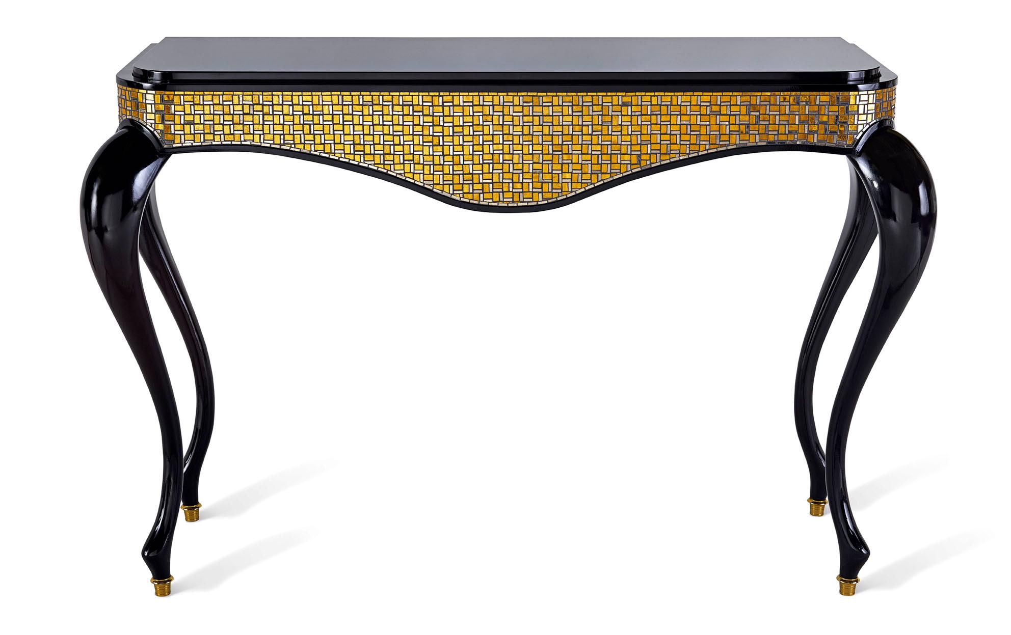 Italian Console Legs Glossy Lacquer Leather Cover Marble Top Caps in Bronze Tiny Mosaic  For Sale