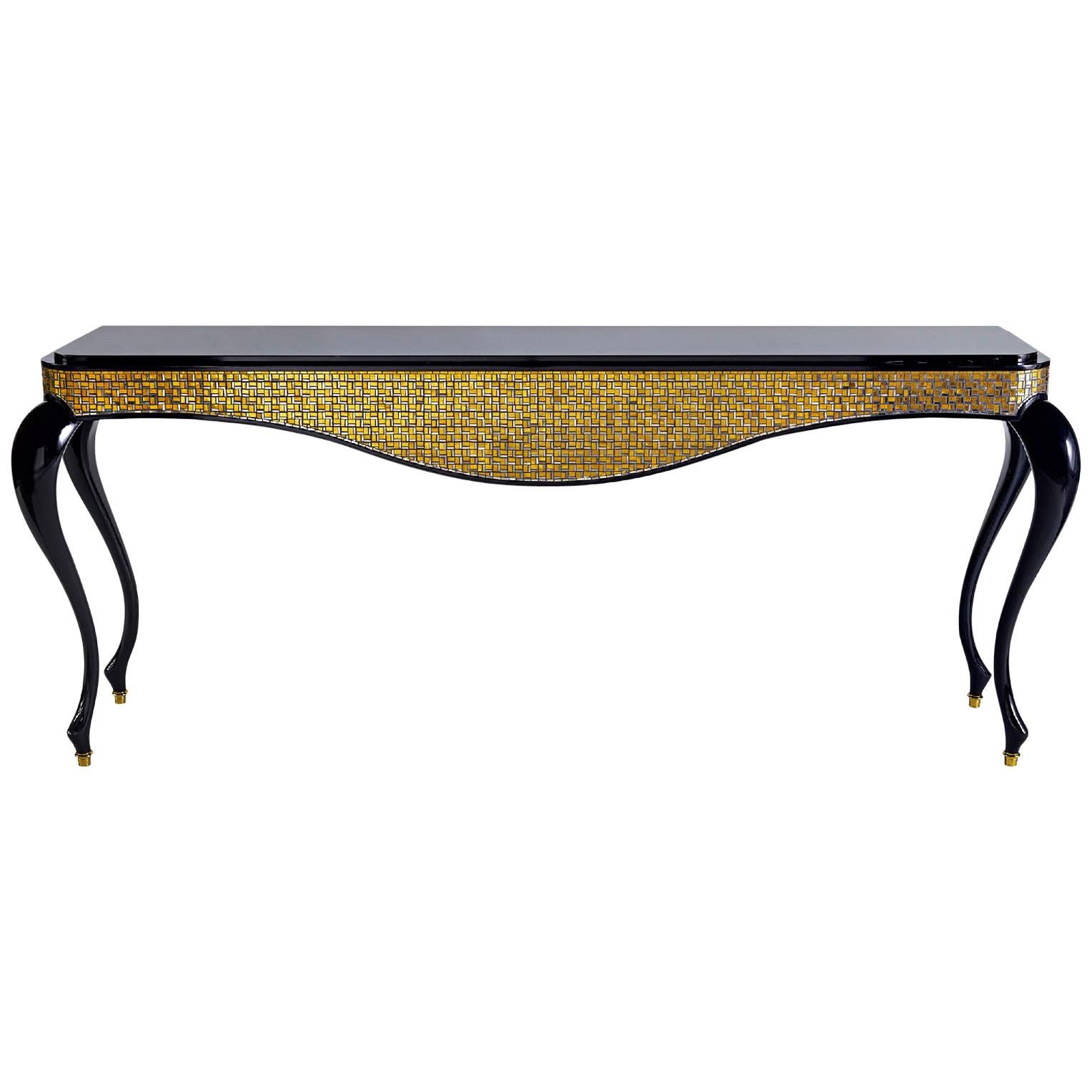 Console Legs Glossy Lacquer Leather Cover Marble Top Caps in Bronze Tiny Mosaic For Sale