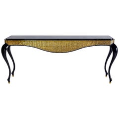 Console Legs Glossy Lacquer Leather Cover Marble Top Caps in Bronze Tiny Mosaic