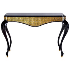 Console Legs Glossy Lacquer Leather Cover Marble Top Caps in Bronze Tiny Mosaic 