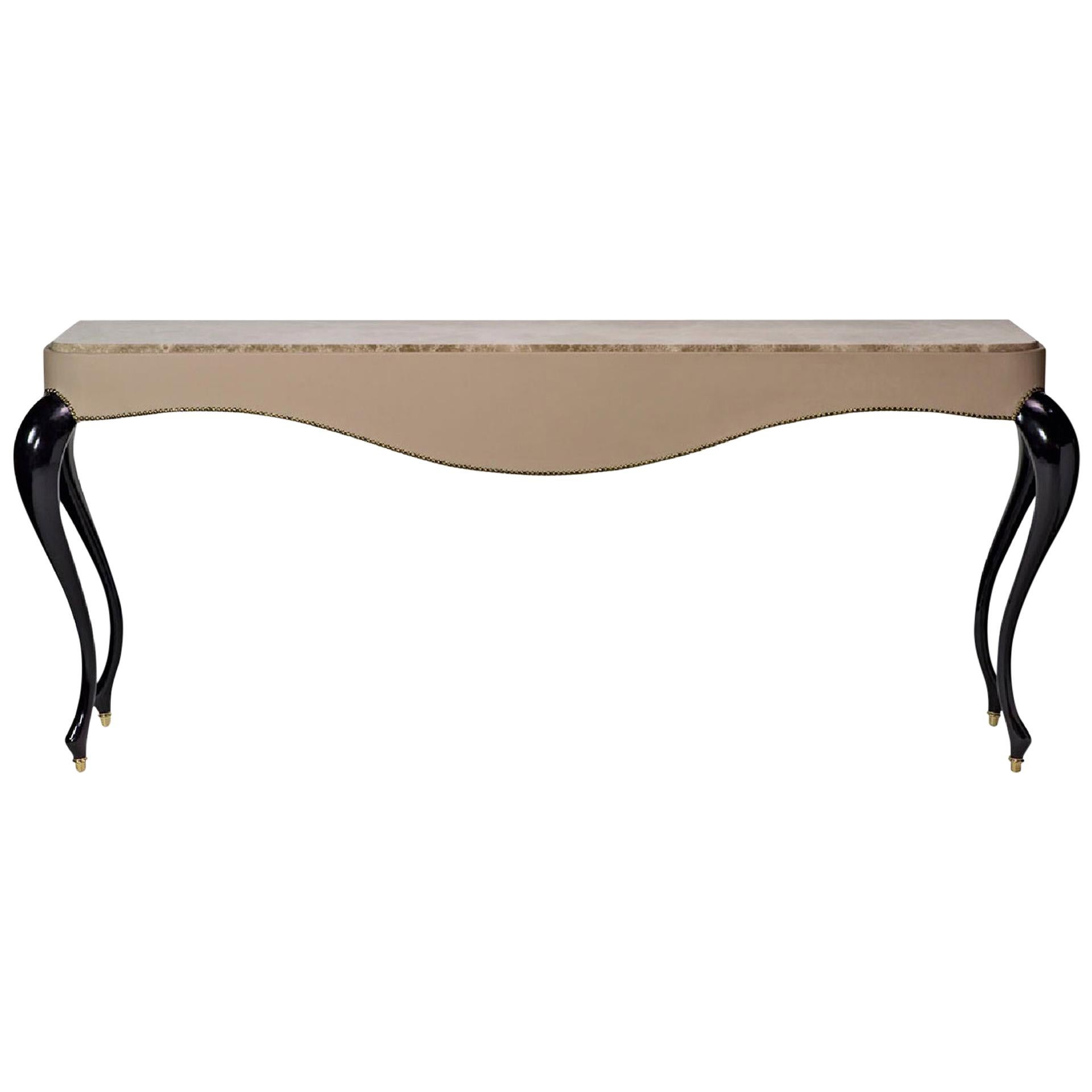 Console Legs Glossy Lacquer Leather Cover with Nails Marble Top Caps in Bronze For Sale