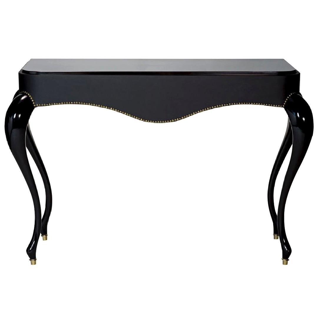 Console Legs Glossy Lacquer Leather Cover with Nails Marble Top Caps in Bronze