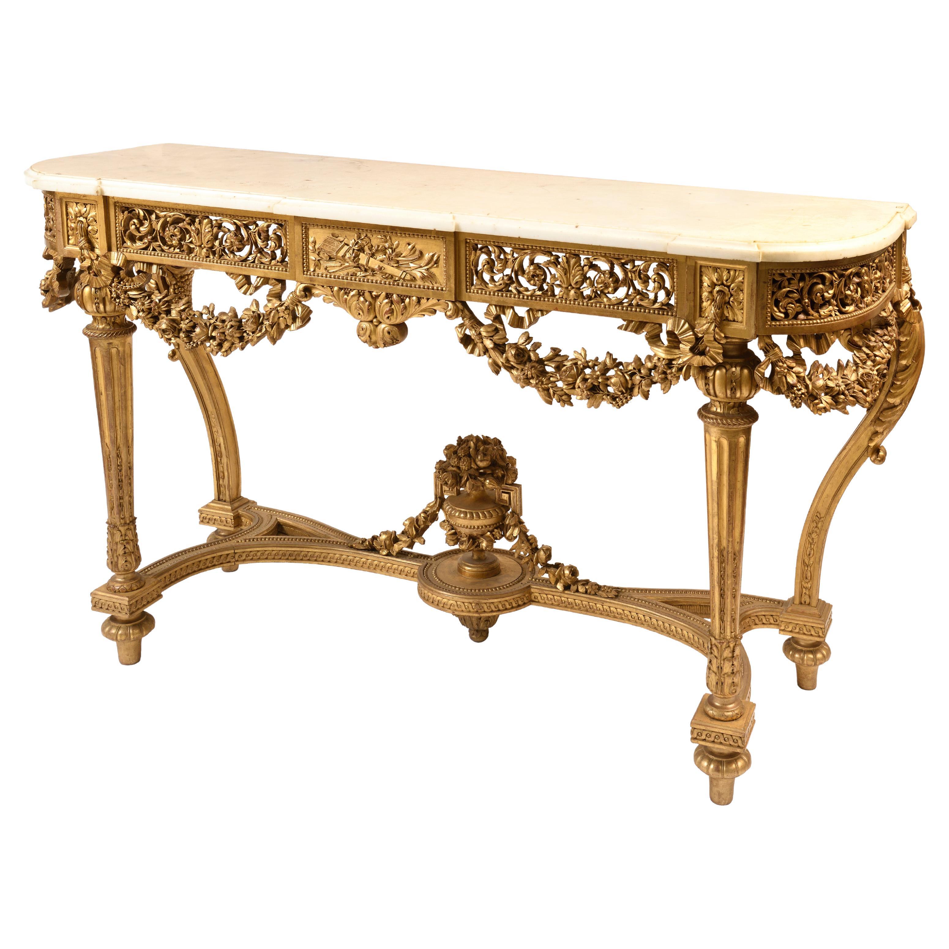 Console de style Louis XVI en bois doré, dessus en marbre