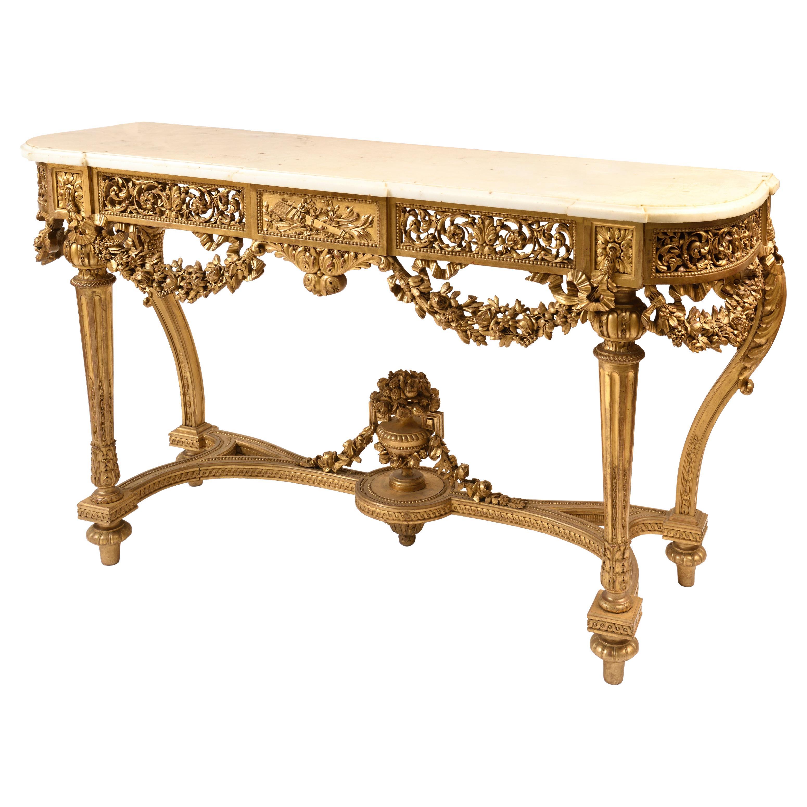 Console Louis XVI Style in Giltwood, Marble Top