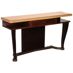 Console Mahogany Rosewood Veneer Beech Brass Mirrored Glass Italy 1950