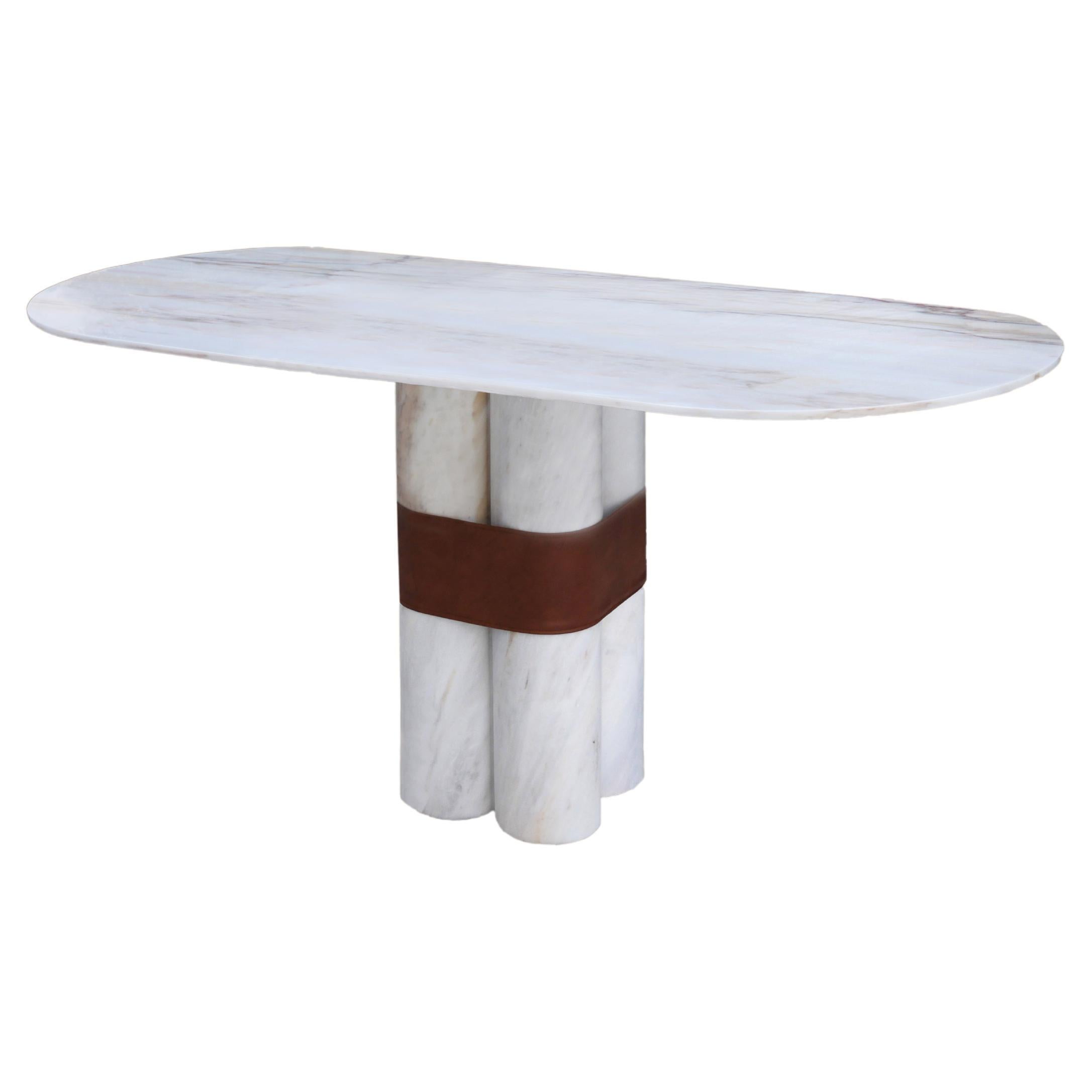 Axis Console Table White Marble Leather Detail One Leg 21st Century Design For Sale