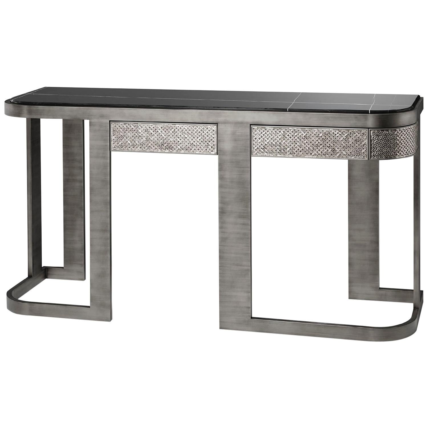 Console Metal Frame Distressed Paint Finish Top Calacatta Gold or Black Aziz