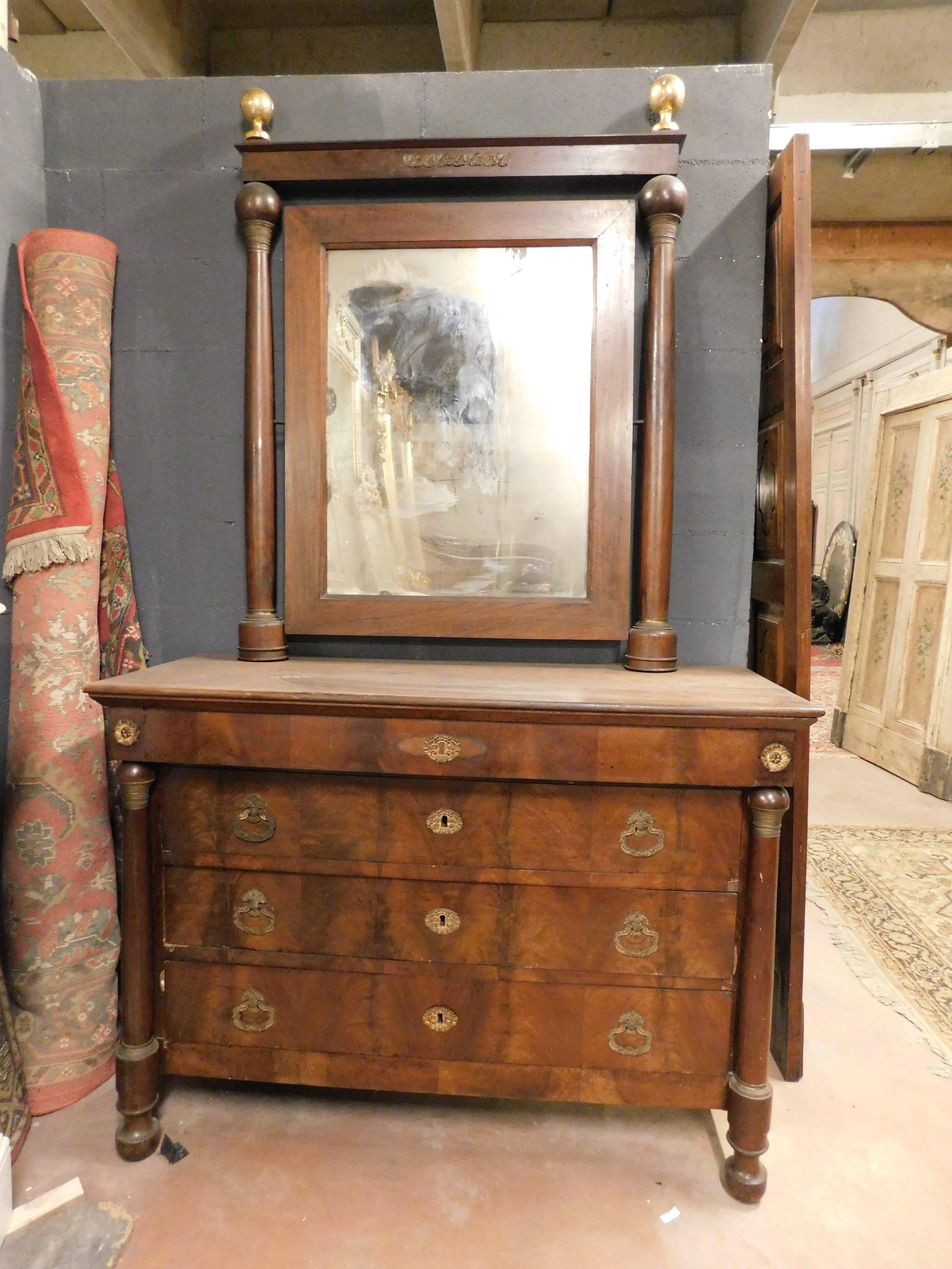 Italian Console mirror and chest of drawers, walnut wood veneered, gilded bronze, Italy For Sale