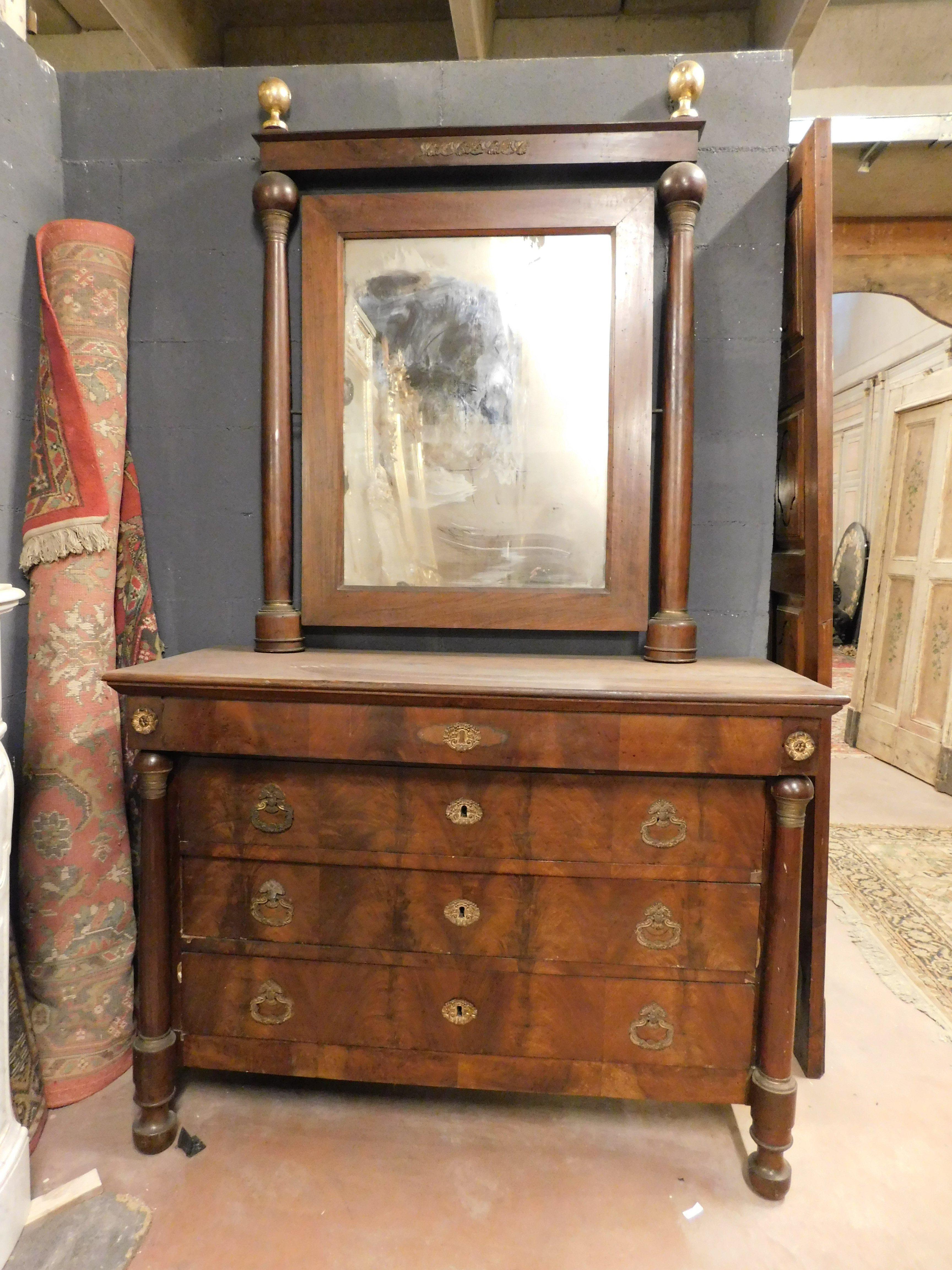 Hand-Carved Console mirror and chest of drawers, walnut wood veneered, gilded bronze, Italy For Sale
