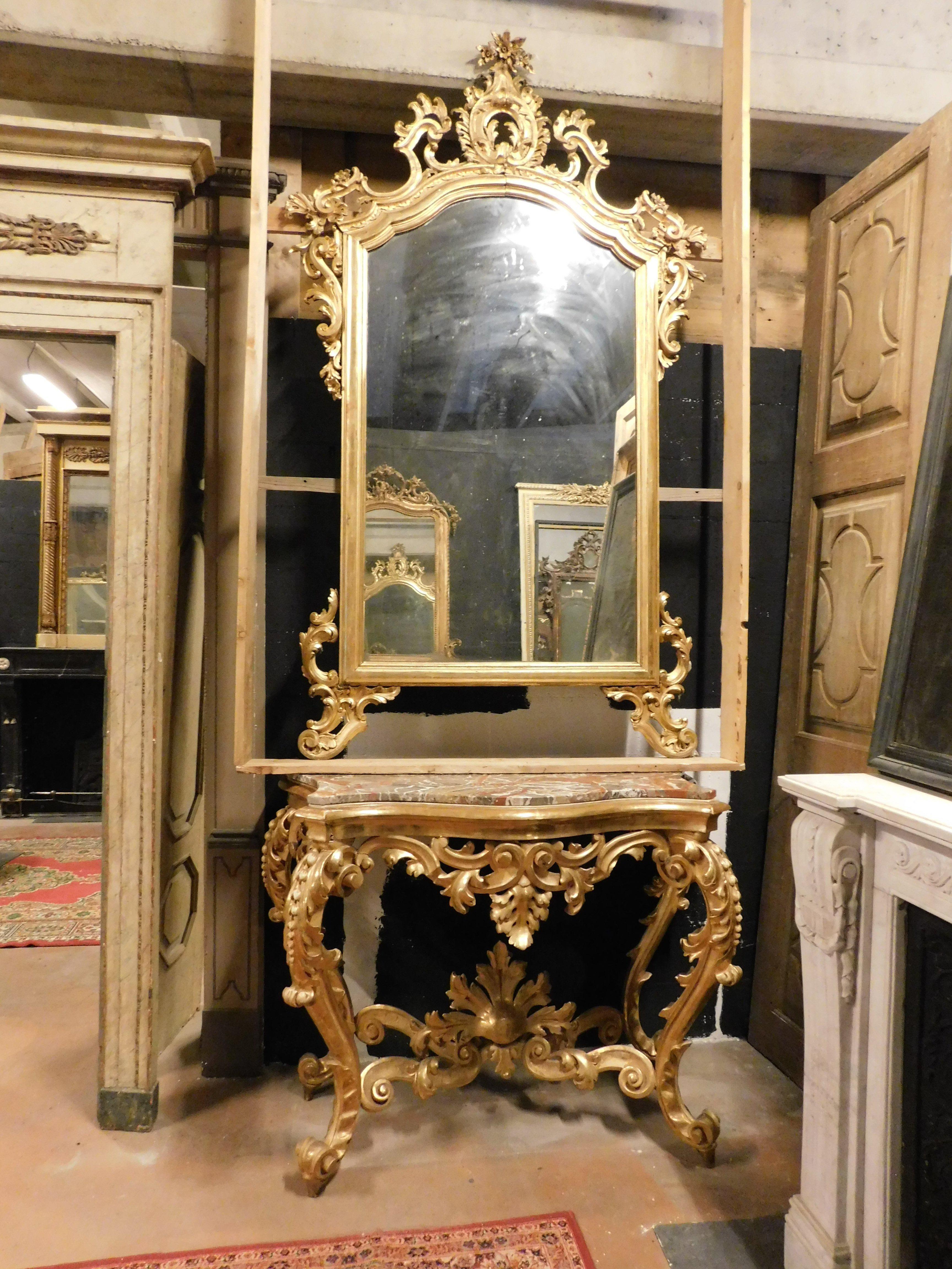 Italian Console mirror in gilded wood carved floral decorations, red marble top, Naples For Sale