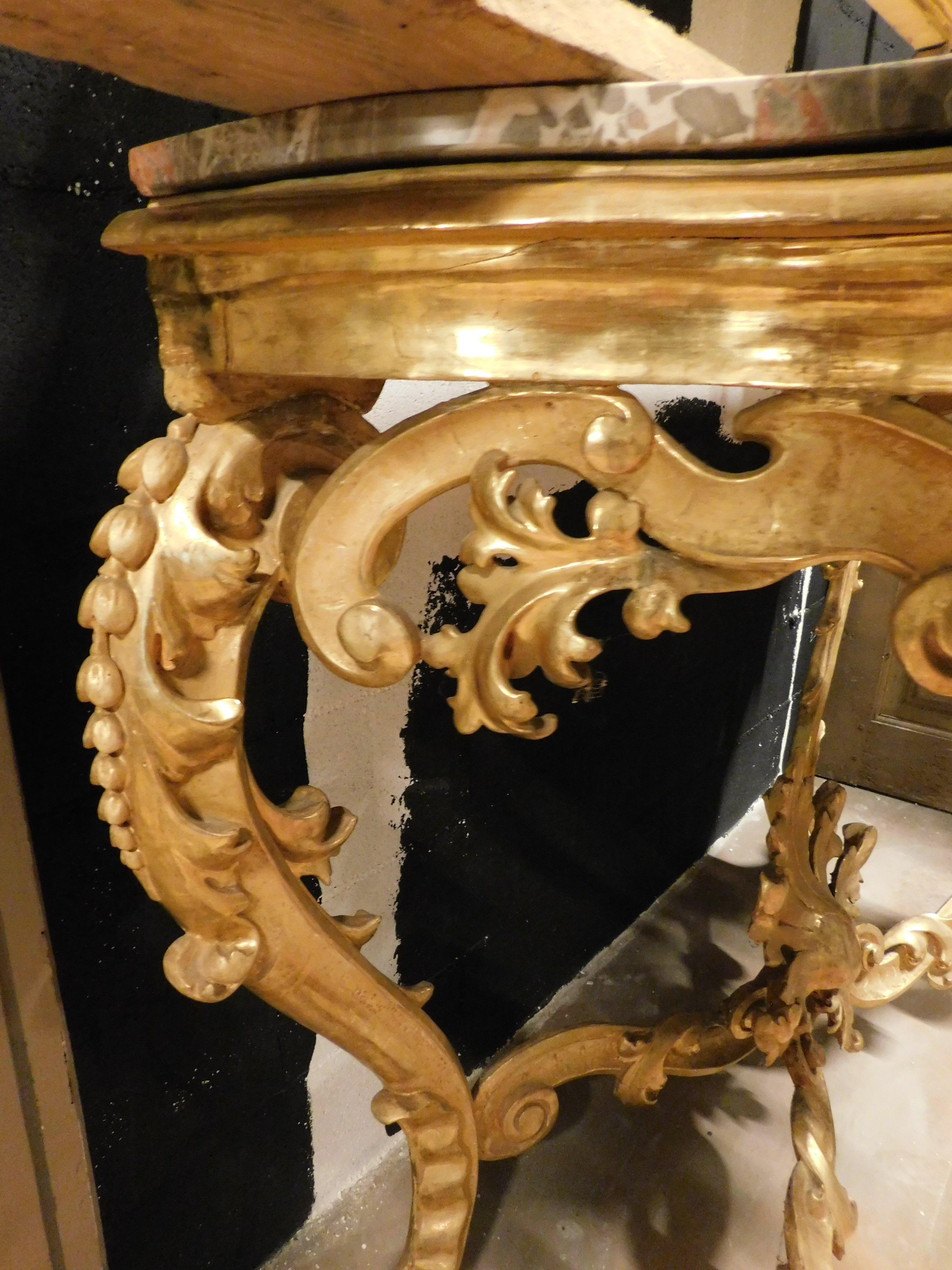 Console mirror in gilded wood carved floral decorations, red marble top, Naples For Sale 1