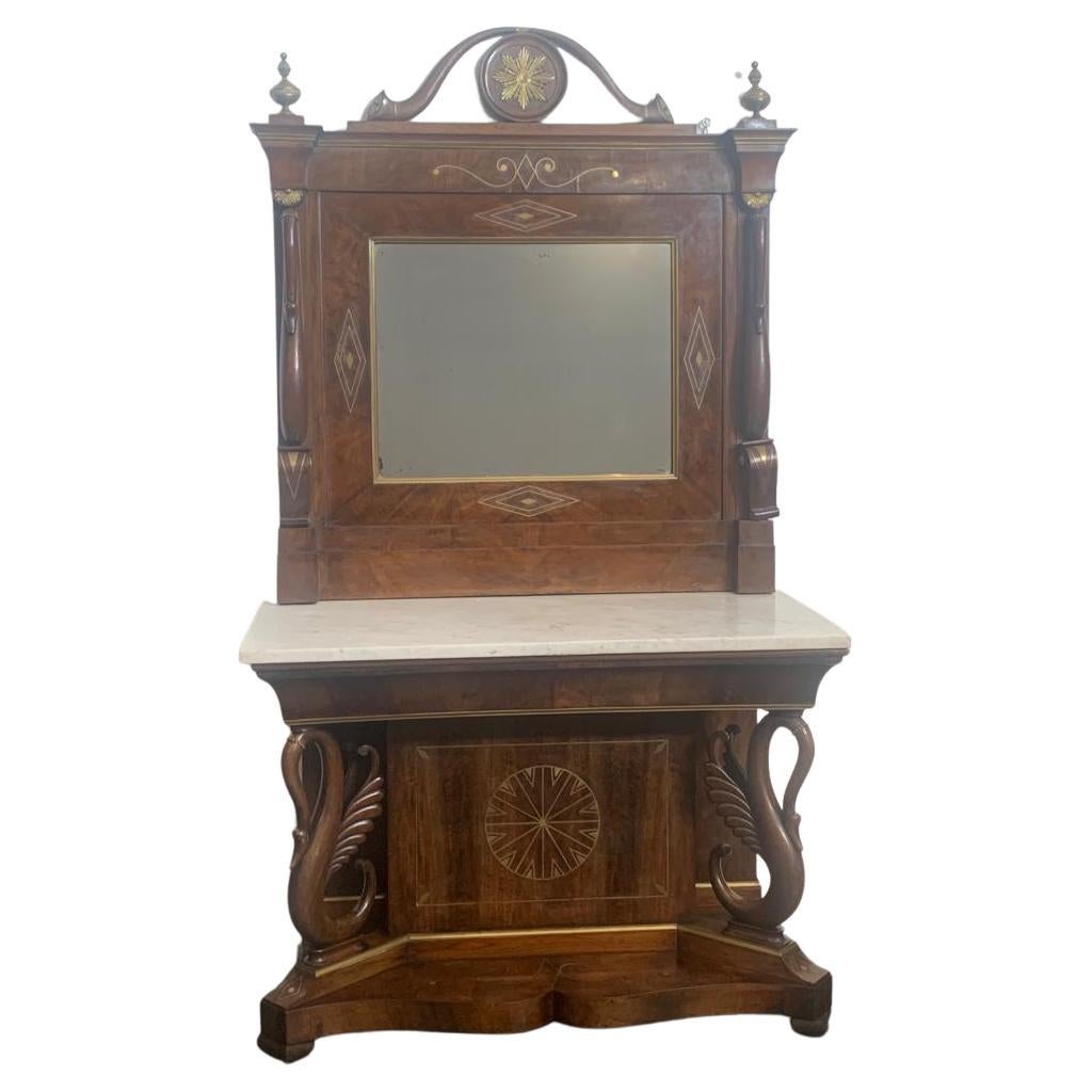 Console & Mirror in Inlaid Walnut with Brass Hardware, Set of 2 For Sale