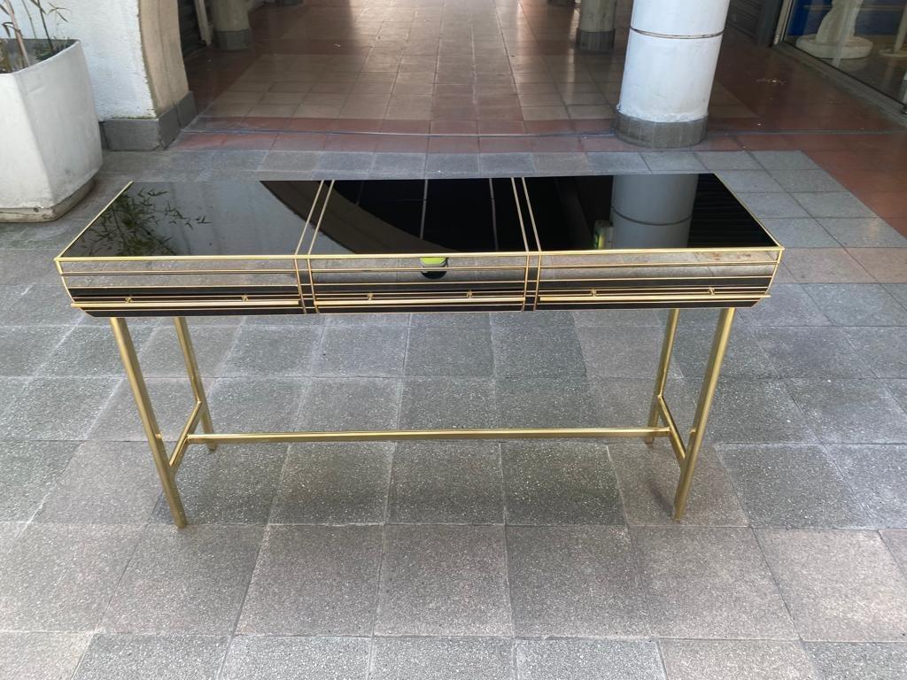 Brass Console, Northern Italy, Circa 1980, Black Tinted Glass