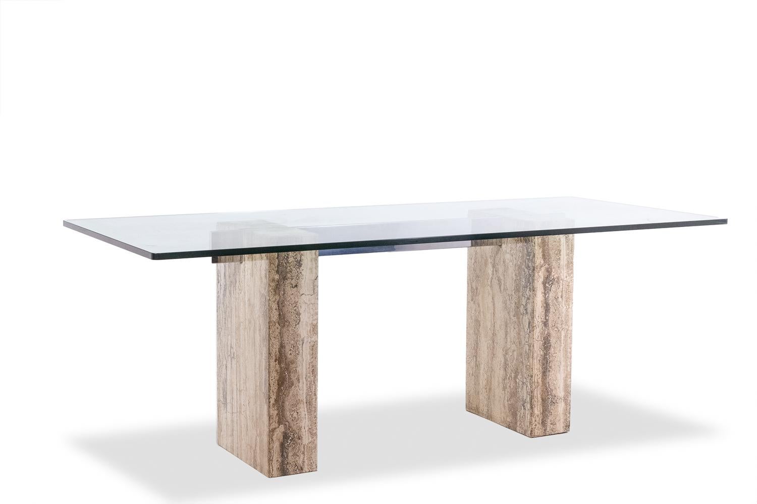Moderno Console, o scrivania, in vetro e travertino. 1980s. LS5849657C in vendita