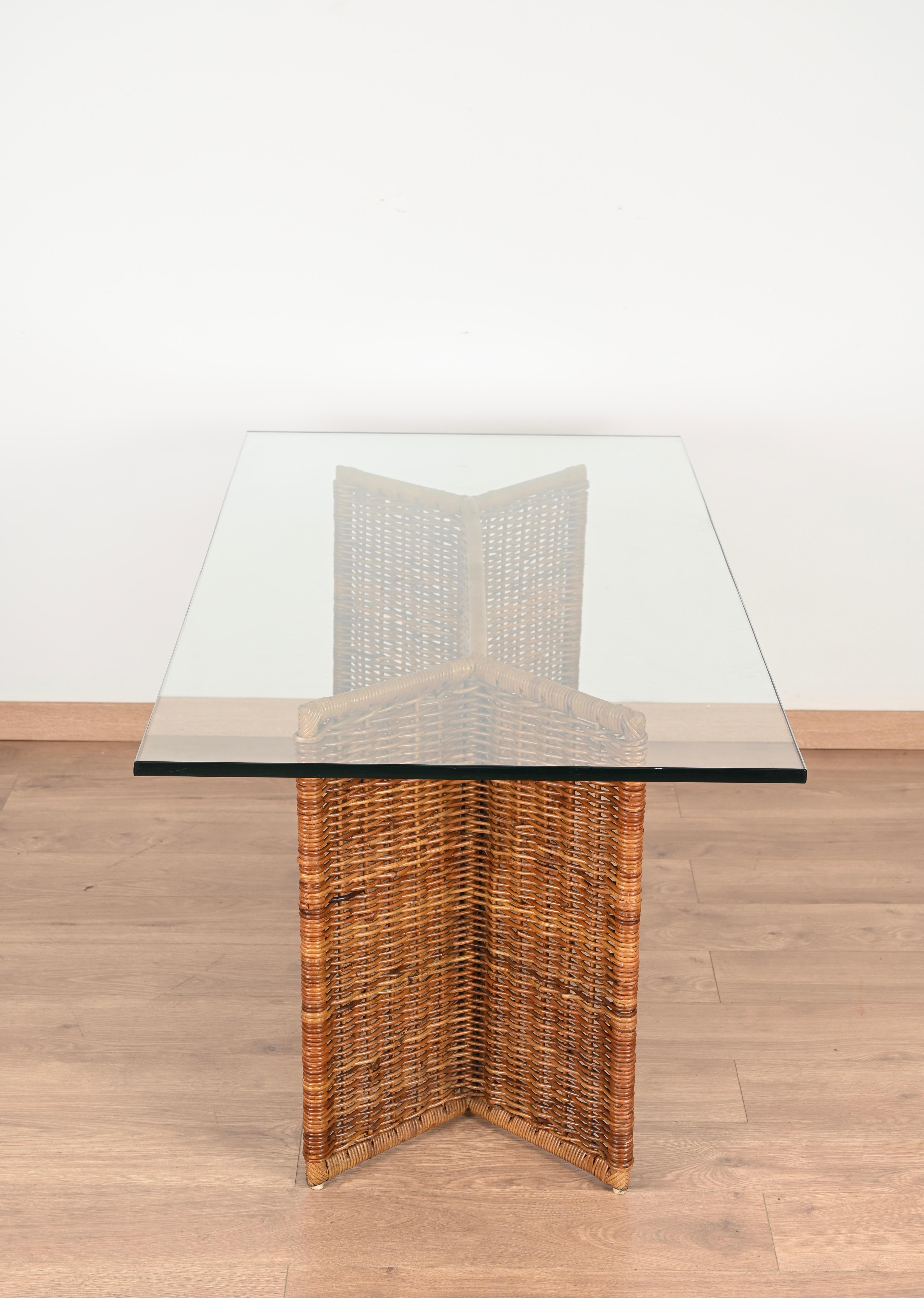 Console or Dining Table in Woven Rattan and CrysBlack Laminated and Beech, 1970s 2