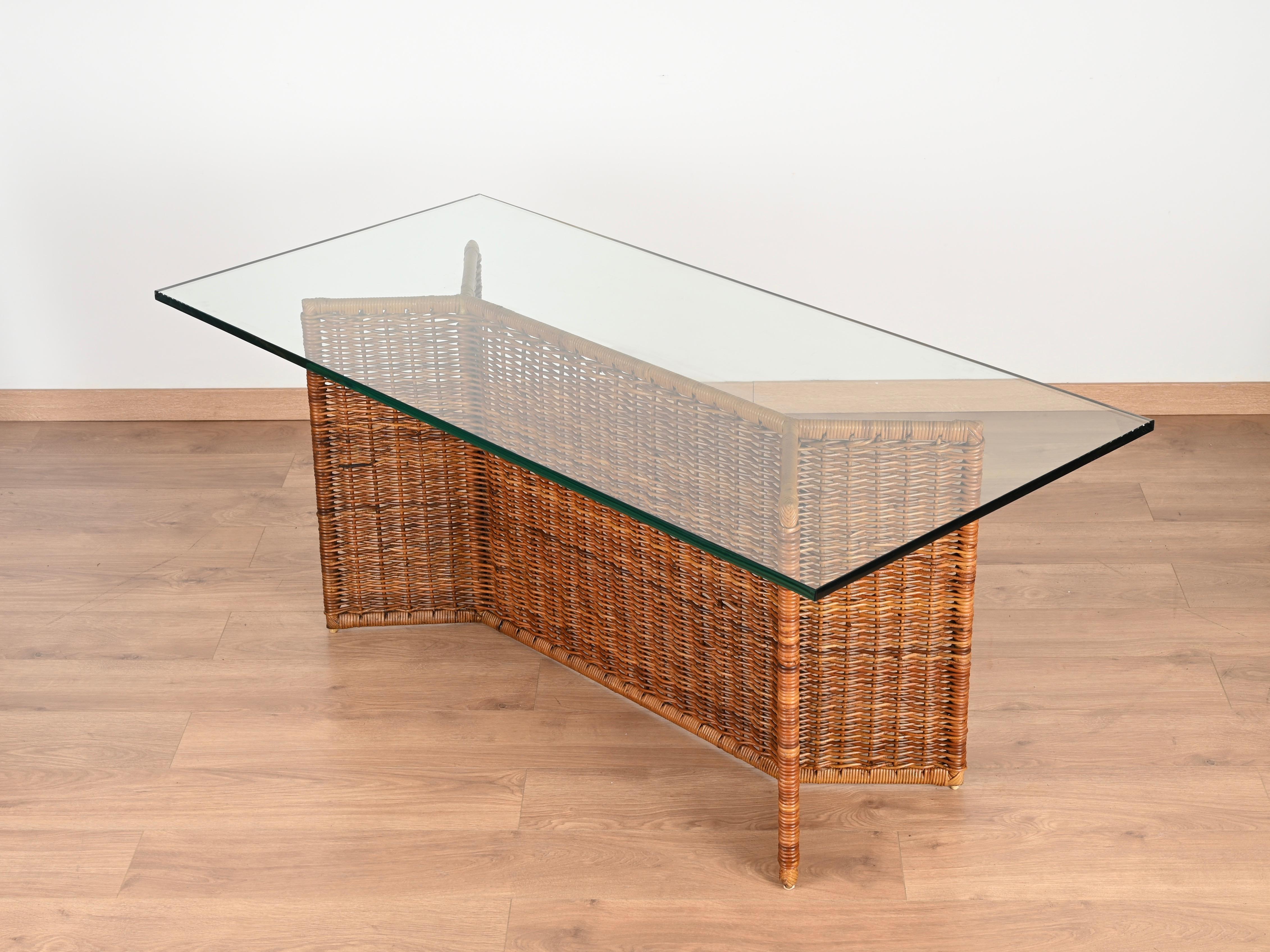 Console or Dining Table in Woven Rattan and CrysBlack Laminated and Beech, 1970s 4