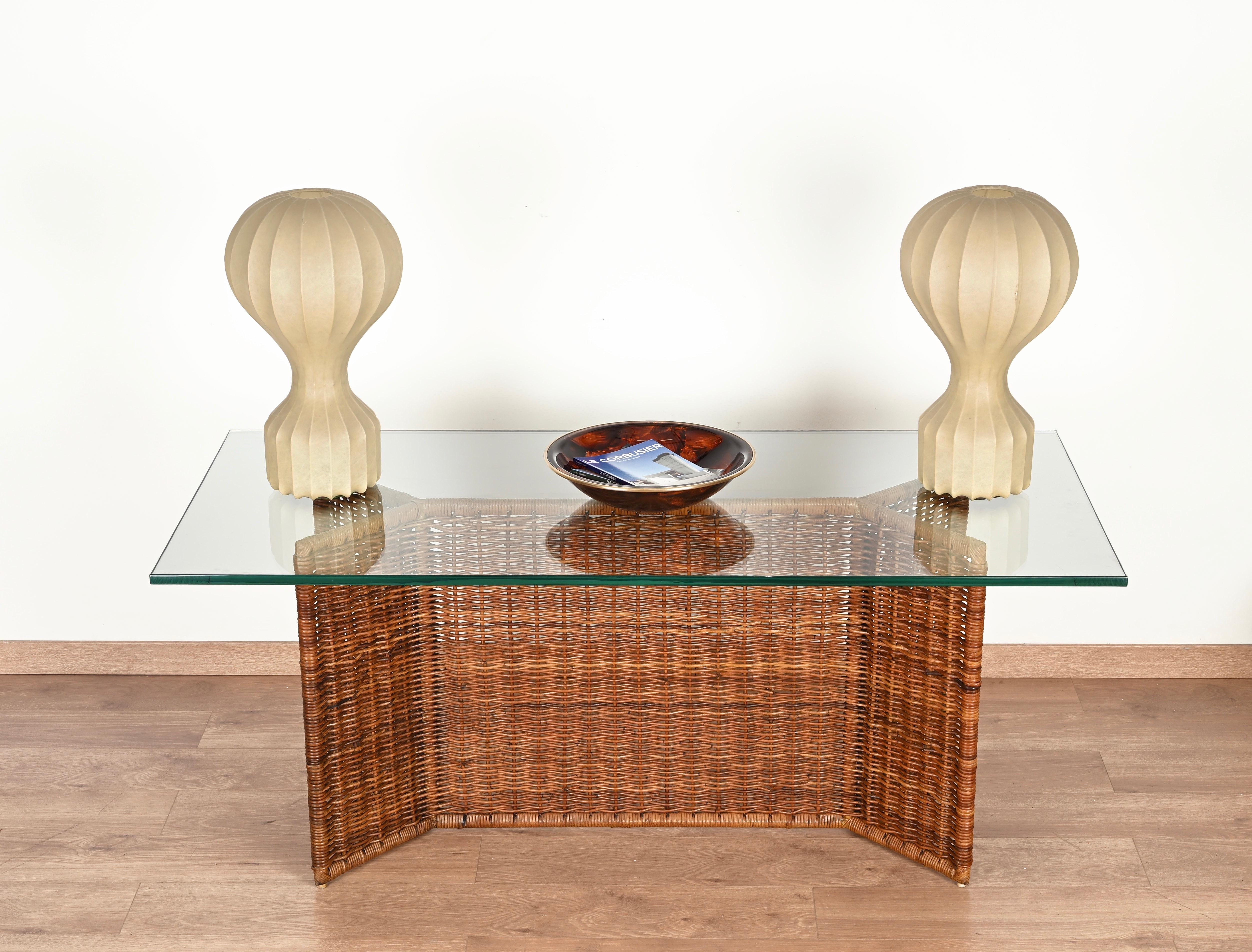 Italian Console or Dining Table in Woven Rattan and CrysBlack Laminated and Beech, 1970s
