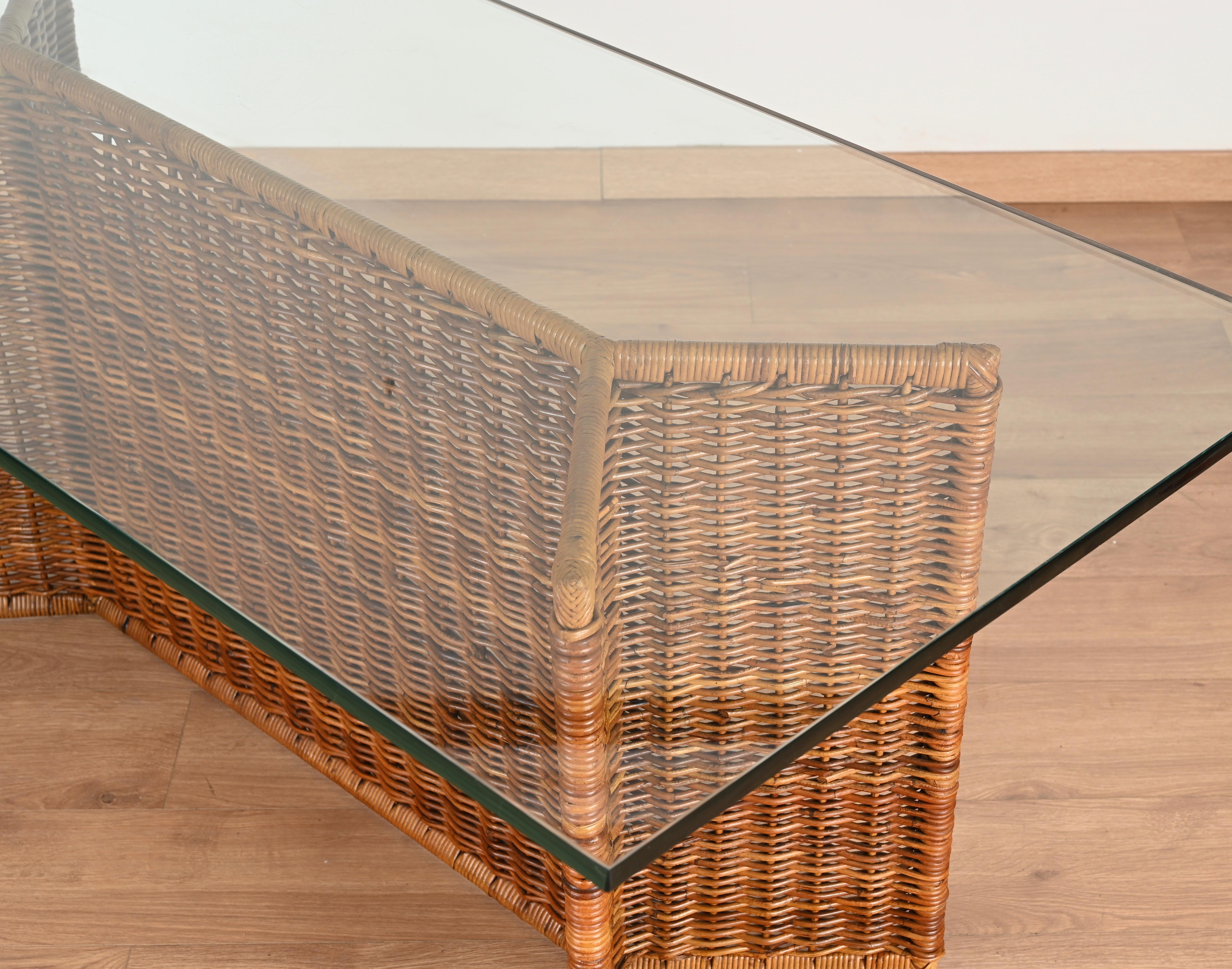 Hand-Crafted Console or Dining Table in Woven Rattan and CrysBlack Laminated and Beech, 1970s