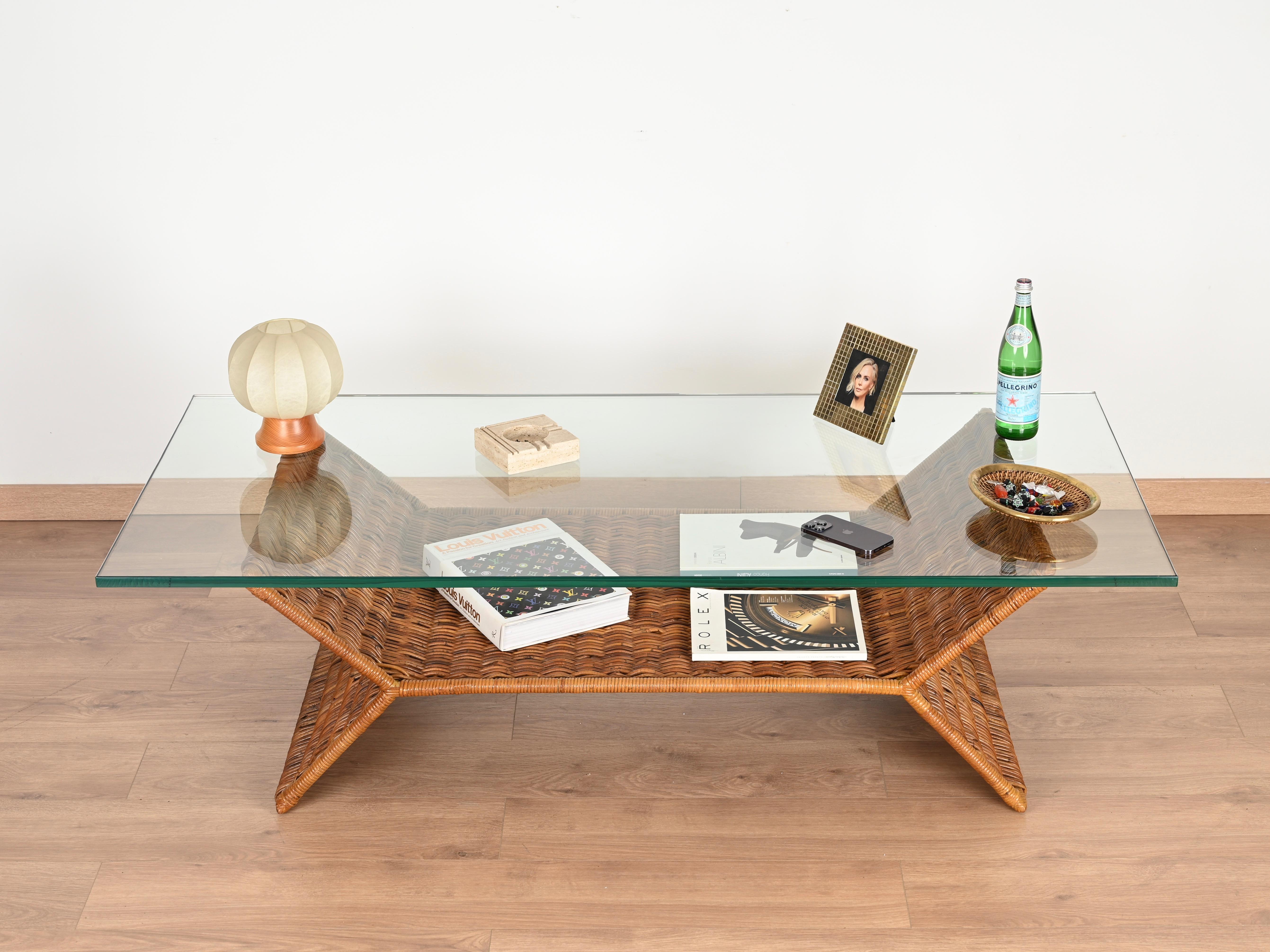 Crystal Console or Dining Table in Woven Rattan and CrysBlack Laminated and Beech, 1970s