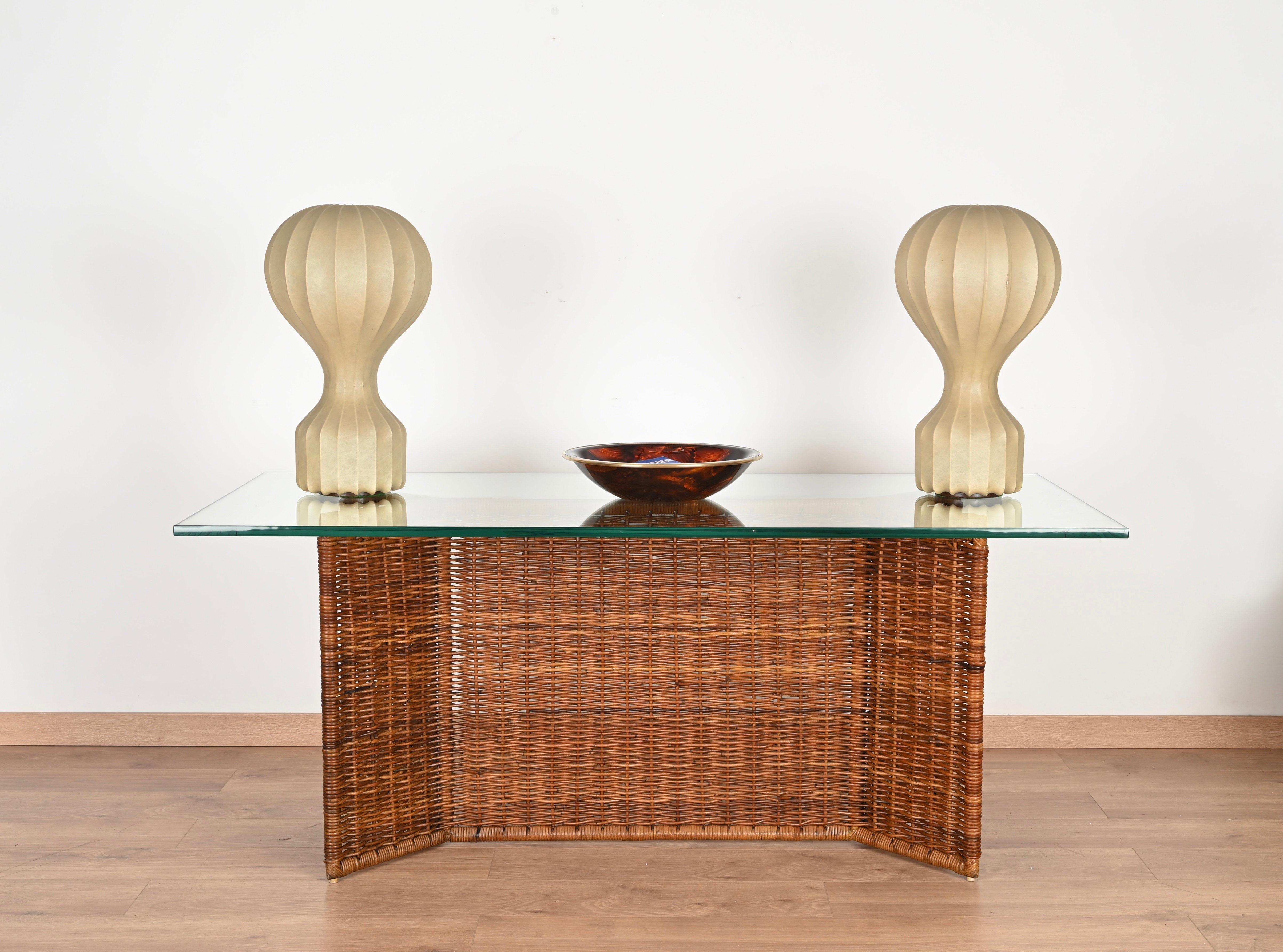 Console or Dining Table in Woven Rattan and CrysBlack Laminated and Beech, 1970s 1
