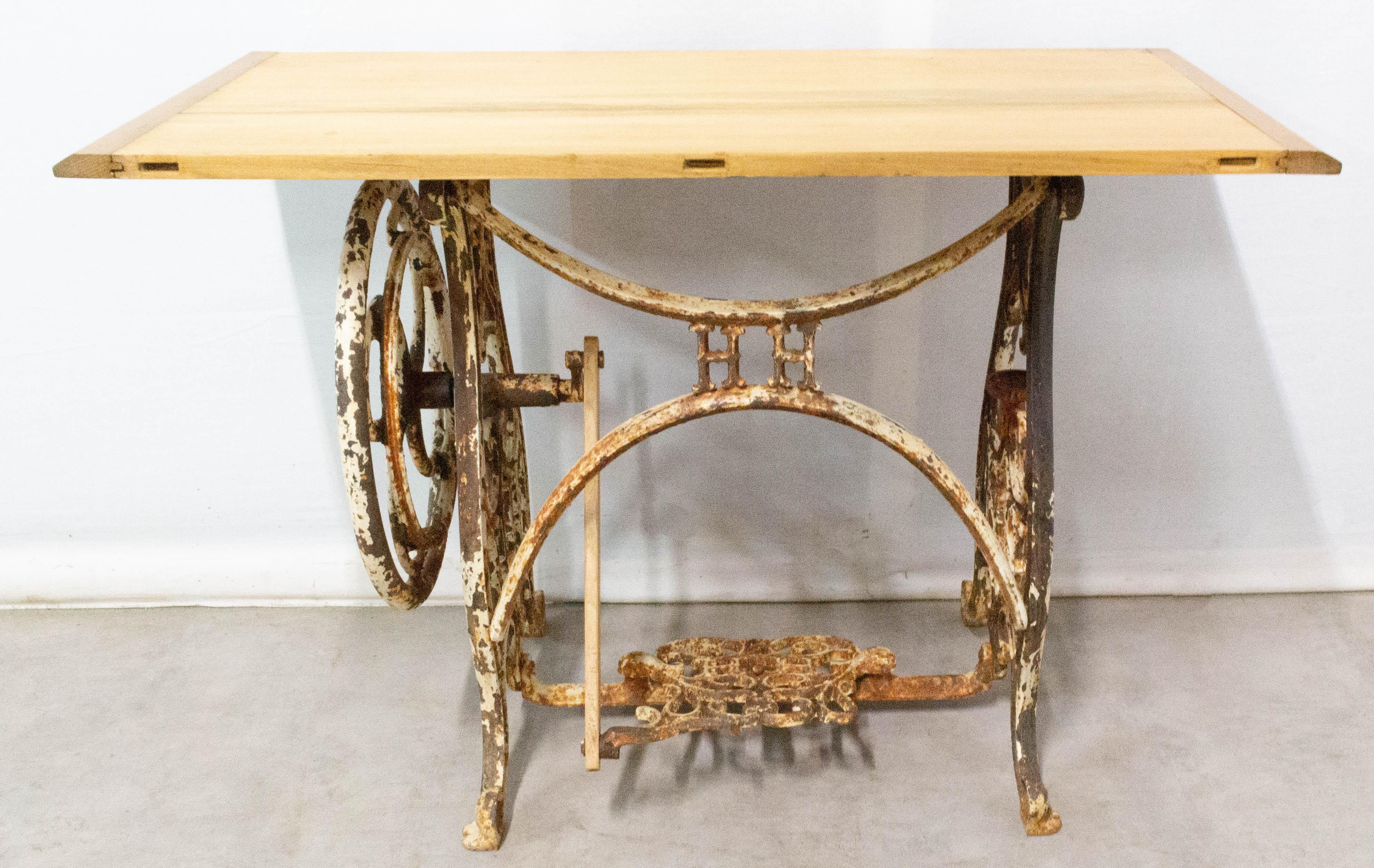 Cast Console or Side Table Beech Top and Sewing Machine Holder, French For Sale