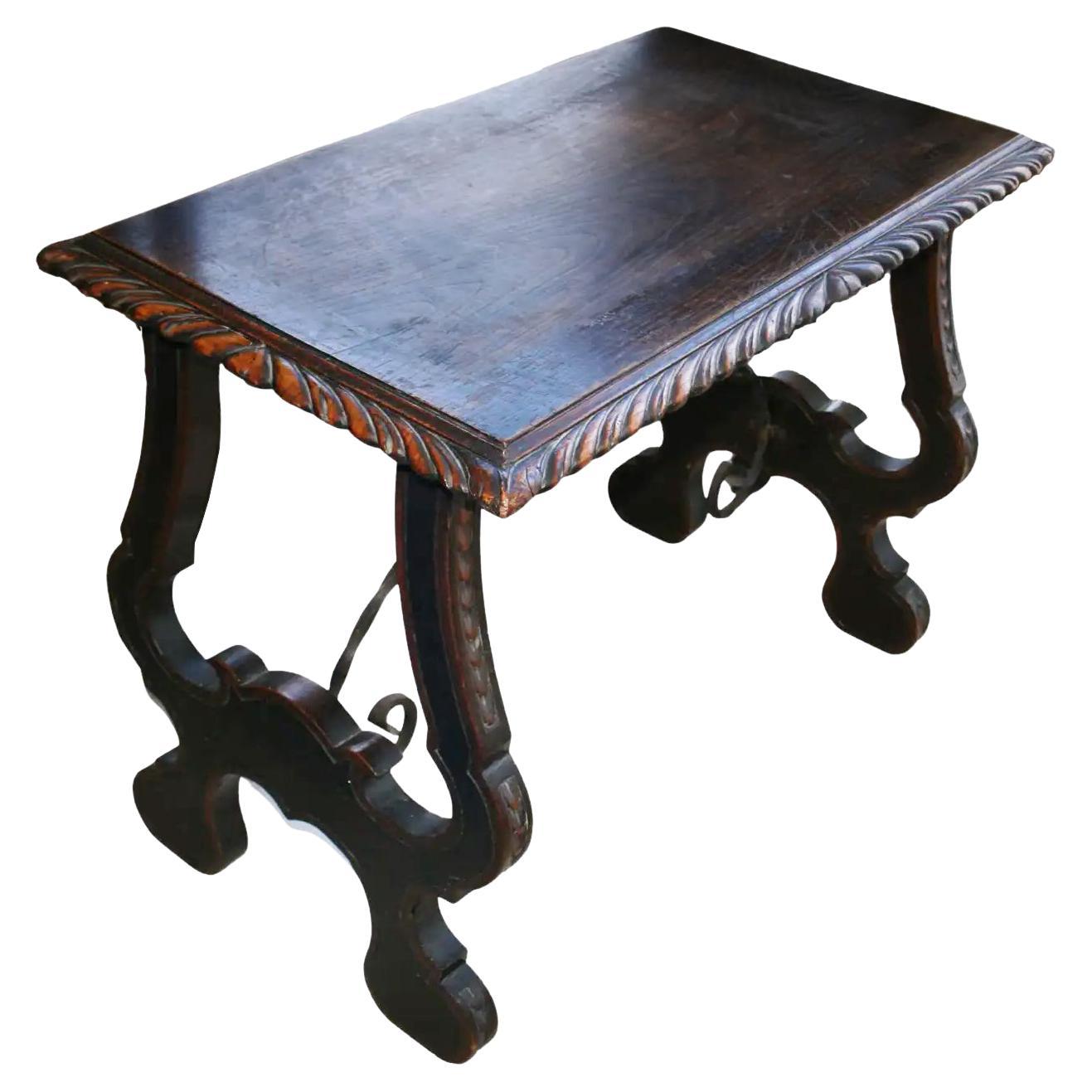 Side Table of  Chestnut with Carved  Lyre Base Form, Spain