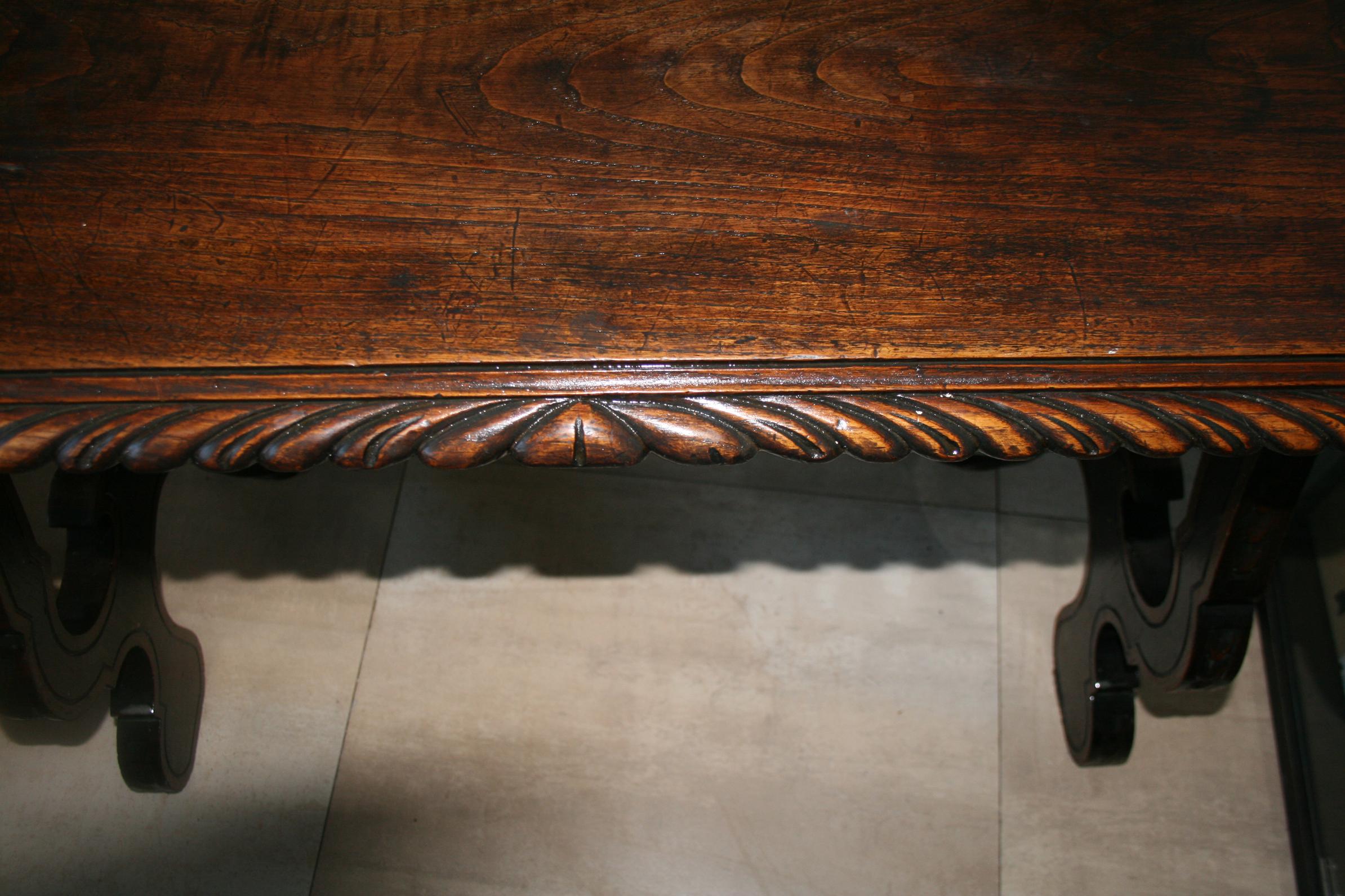 19th Century Side Table of  Chestnut with Carved  Lyre Base Form, Spain For Sale