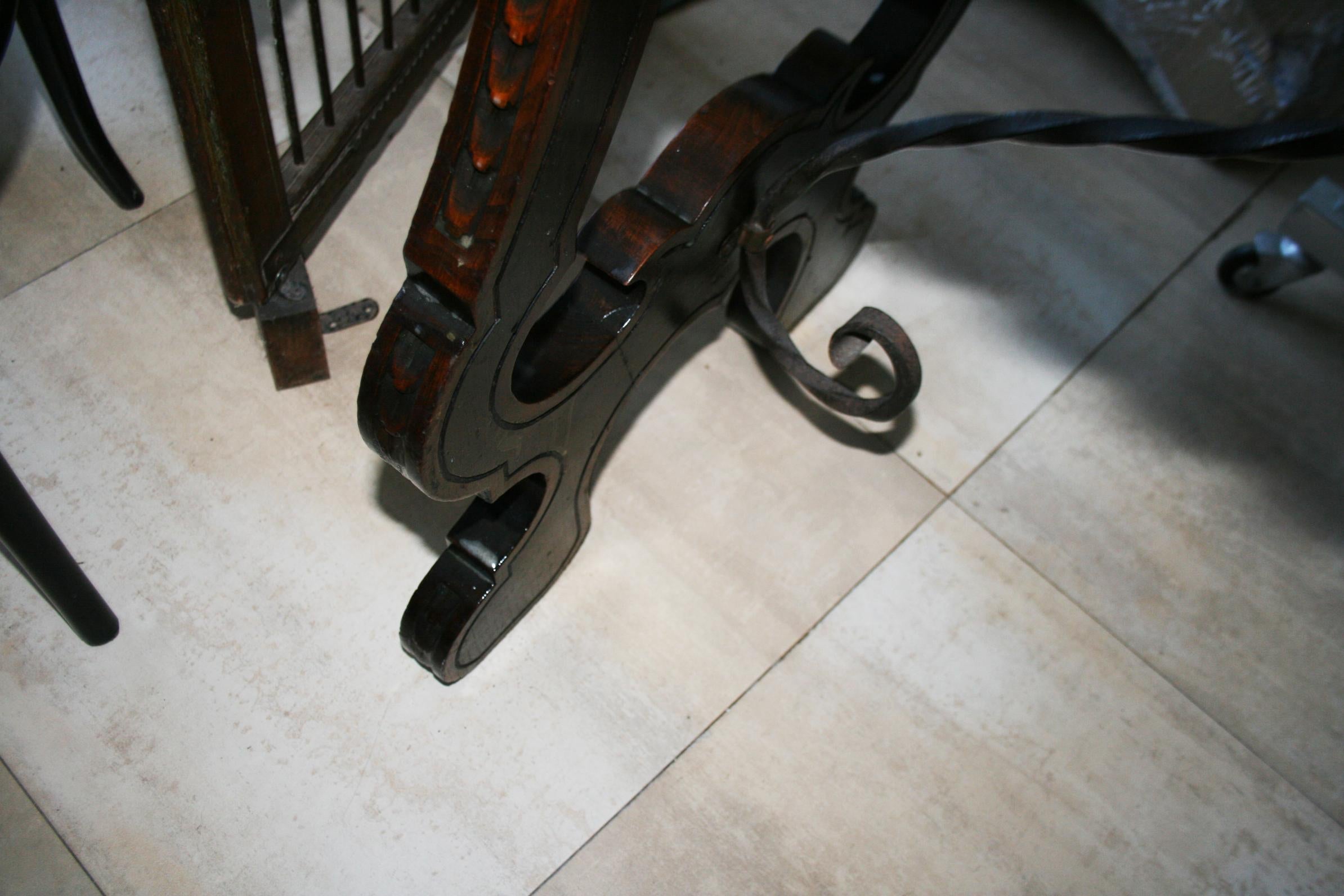 Iron Side Table of  Chestnut with Carved  Lyre Base Form, Spain For Sale