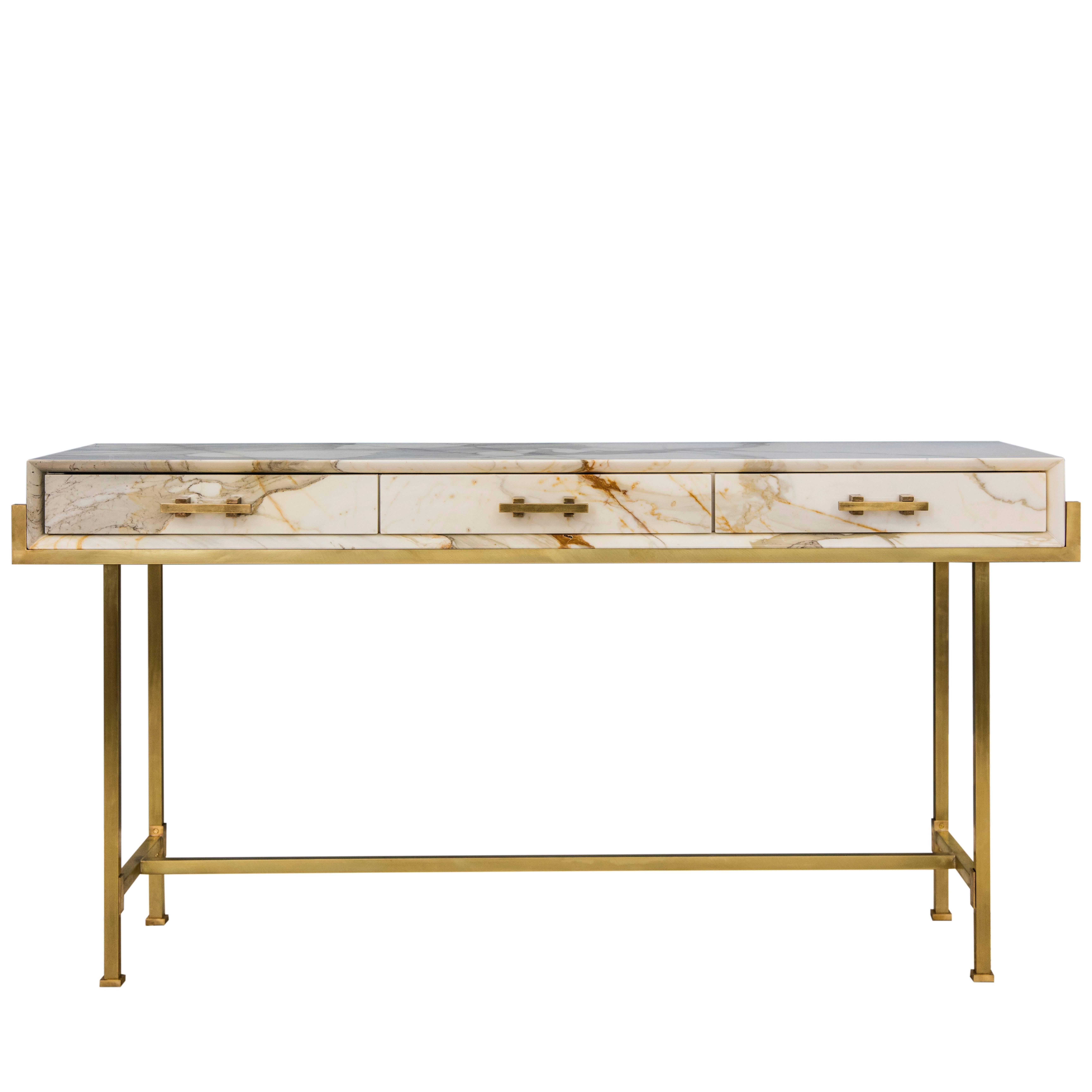 Console Side Table in Paonazzo Marble, Cherry Wood and Solid Brass