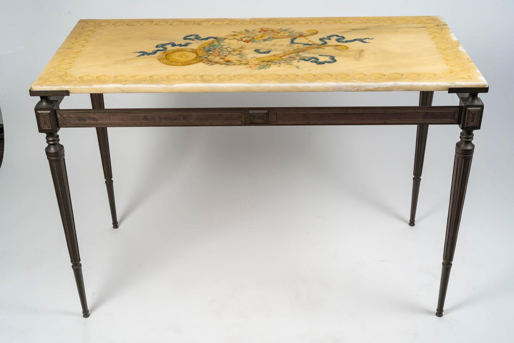 Mid-Century Modern Console, Side Table, in Patinated Bronze and Marble Top, 1950-1960. For Sale