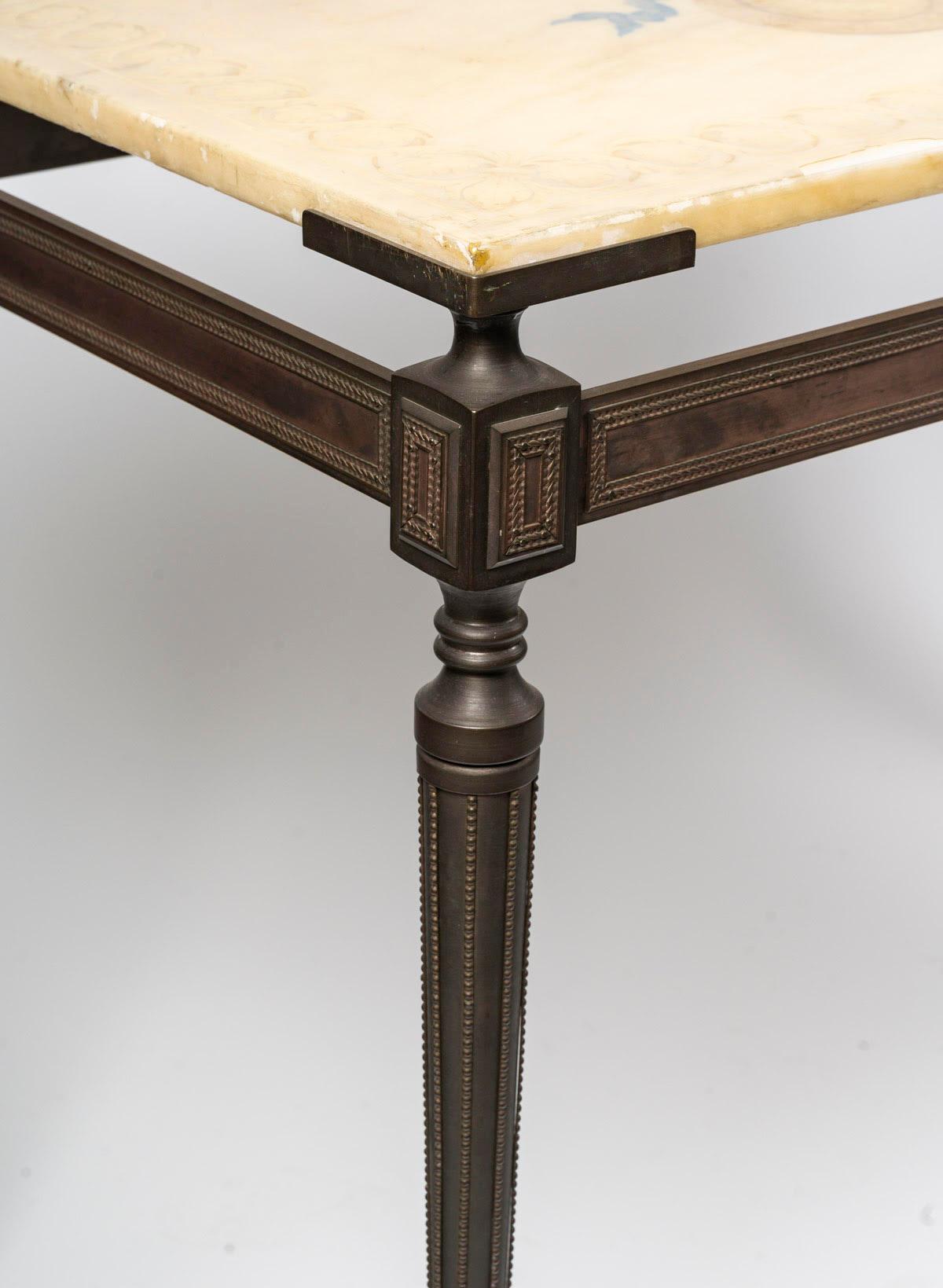 Console, Side Table, in Patinated Bronze and Marble Top, 1950-1960. For Sale 2