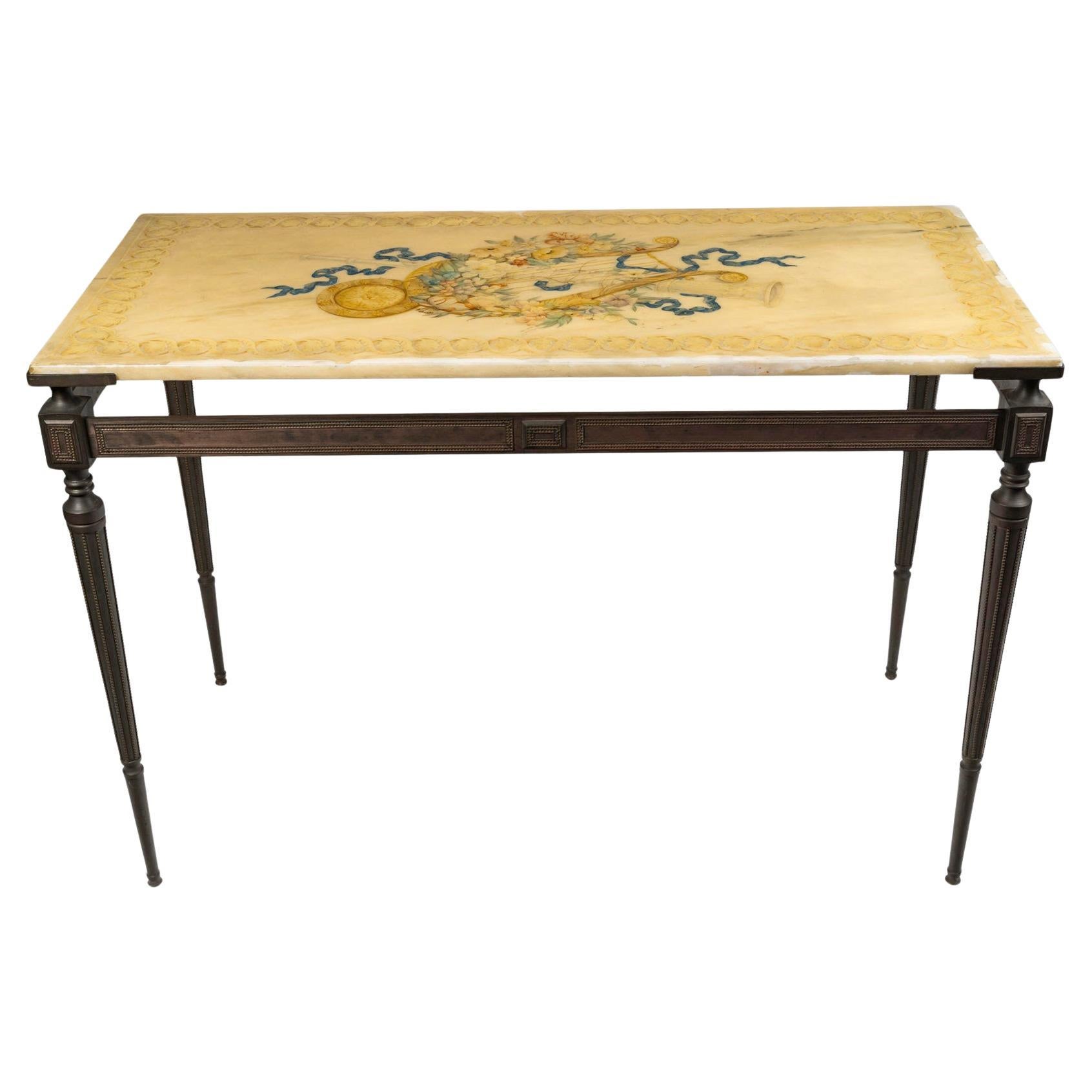 Console, Side Table, in Patinated Bronze and Marble Top, 1950-1960. For Sale