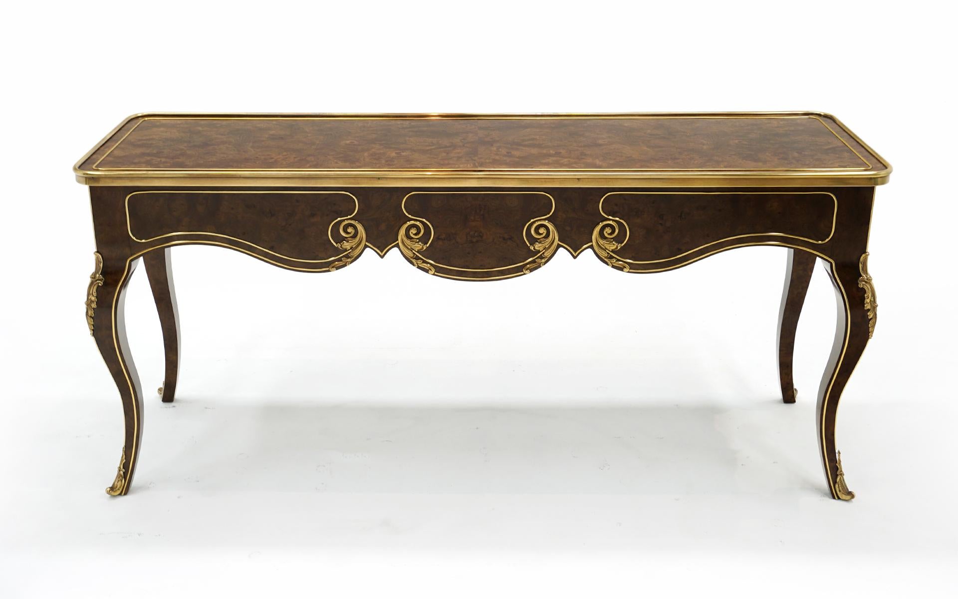 Hollywood Regency Console / Sofa Table by Mastercraft in Brass and Burl.  Signed. For Sale