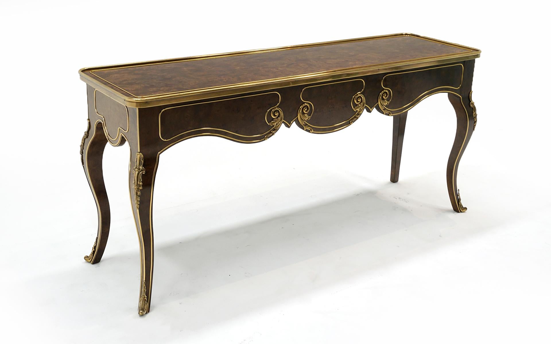 American Console / Sofa Table by Mastercraft in Brass and Burl.  Signed. For Sale
